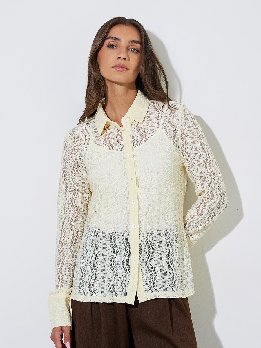 Beige Solid Lace Long Sleeve Blouse