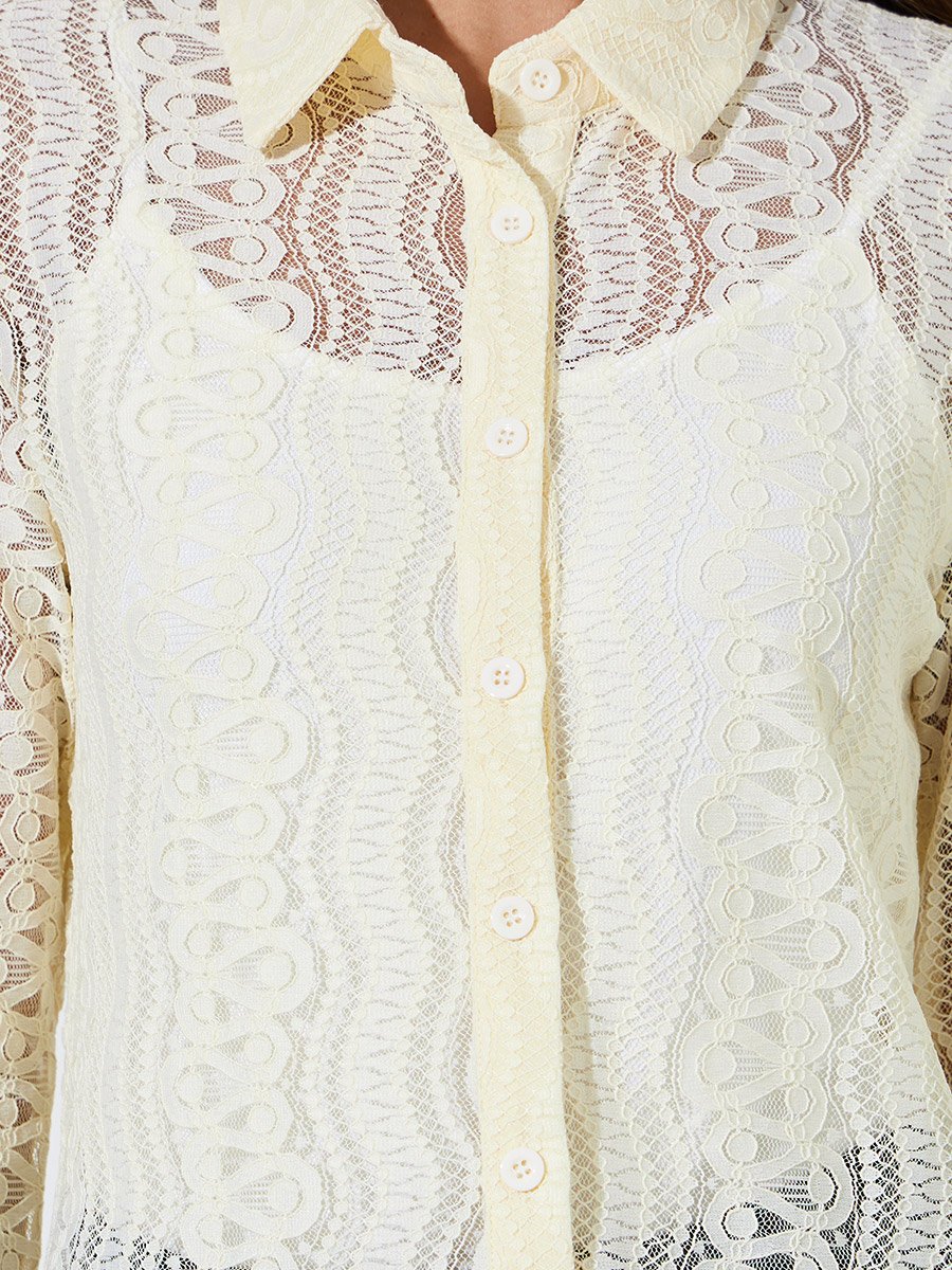 Beige Solid Lace Long Sleeve Blouse