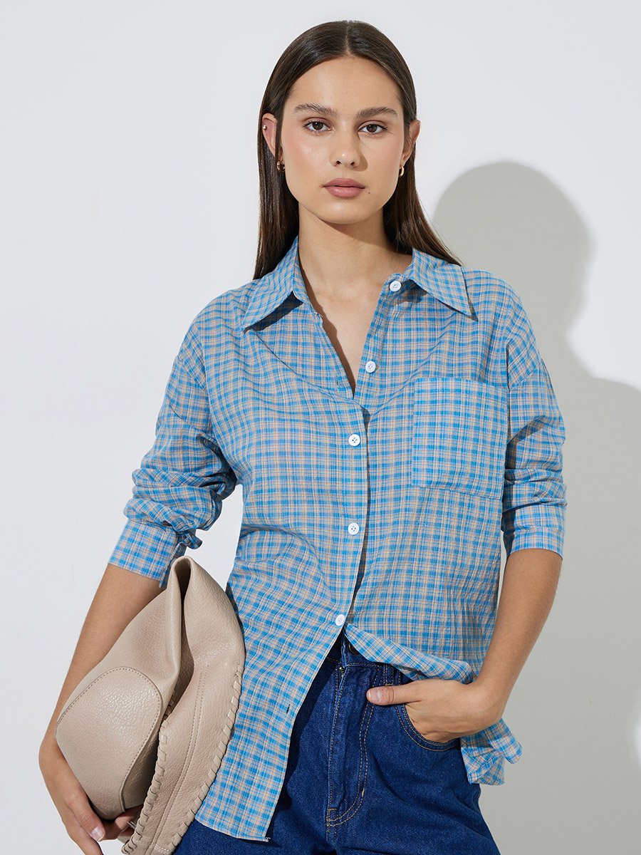 Blue Plaid Pattern Long Sleeve Oversized Shirt