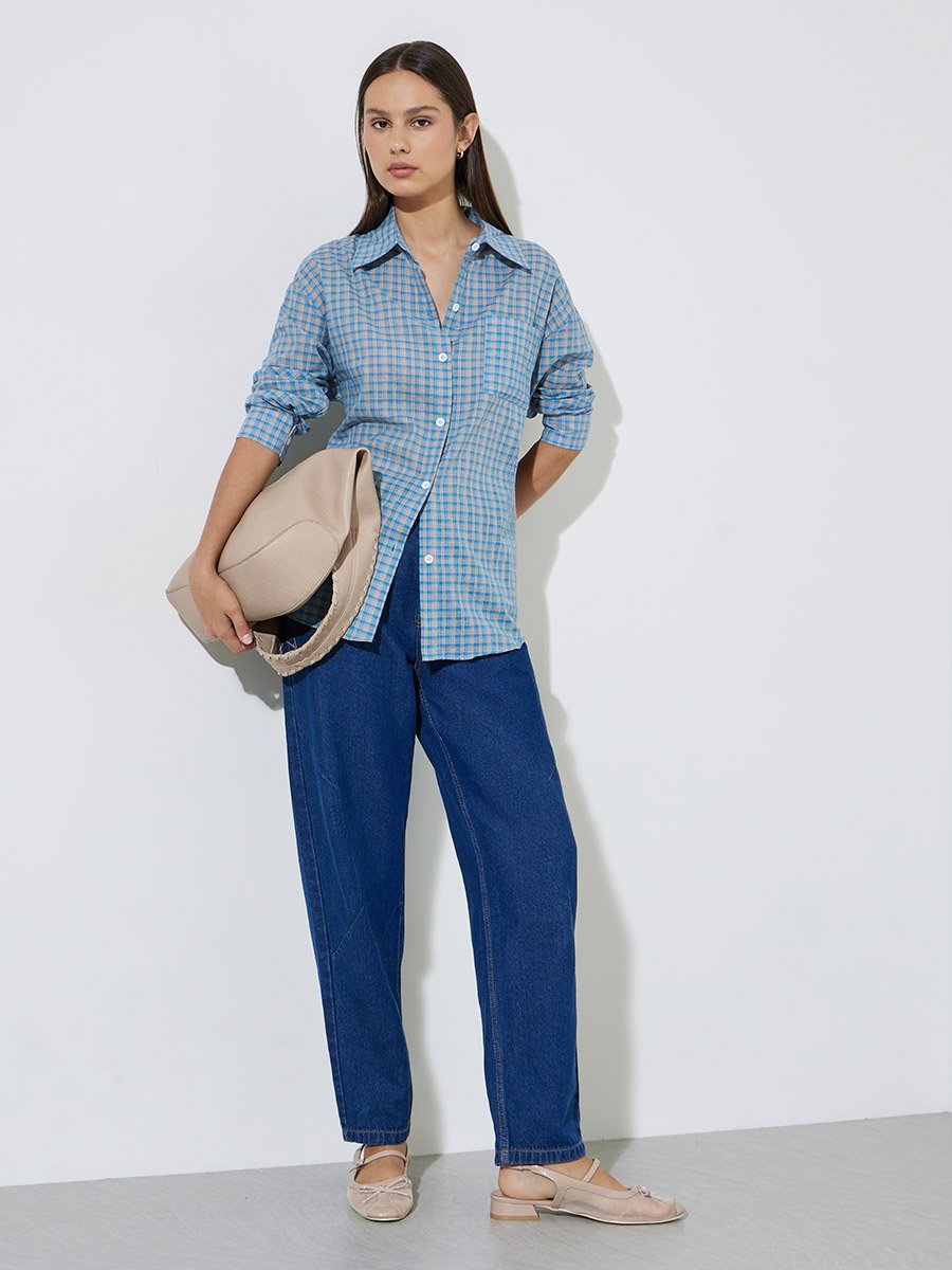 Blue Plaid Pattern Long Sleeve Oversized Shirt