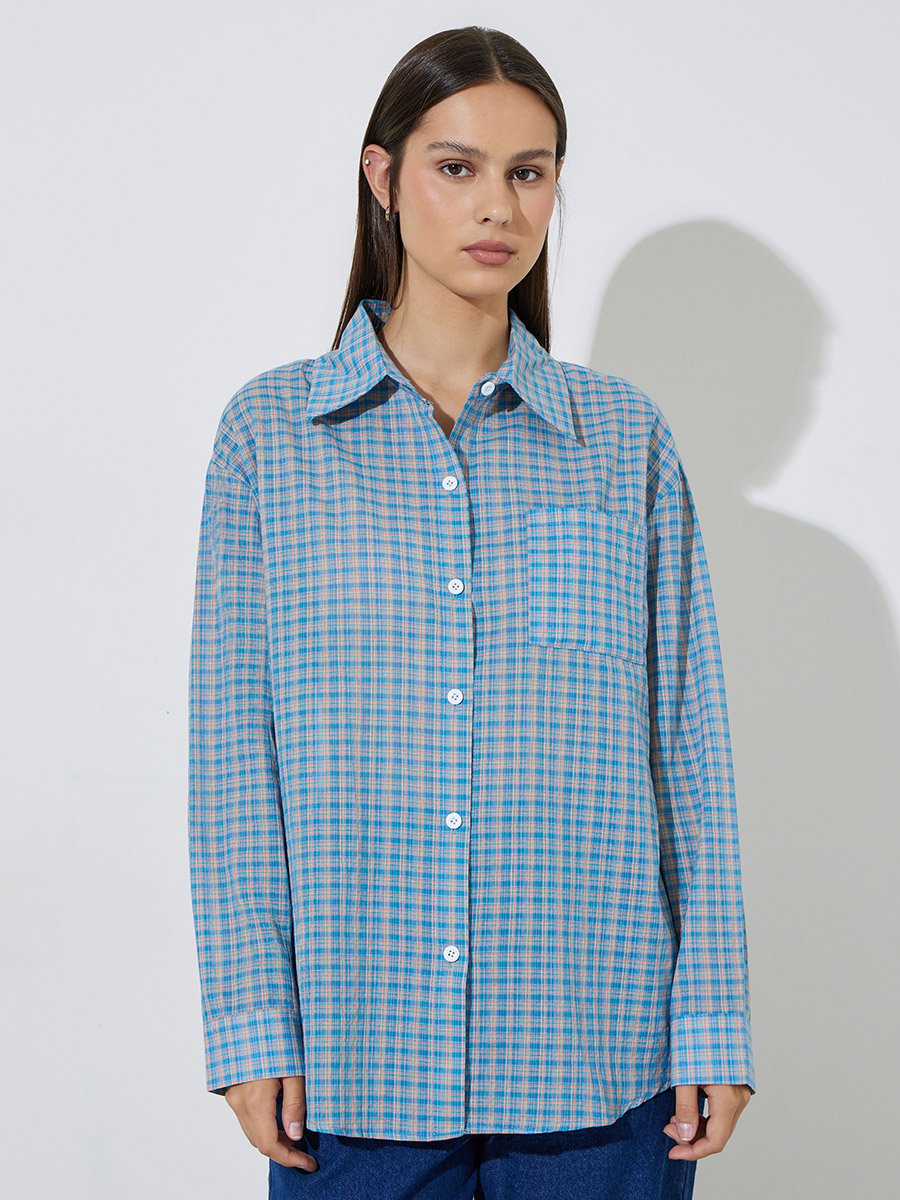 Blue Plaid Pattern Long Sleeve Oversized Shirt