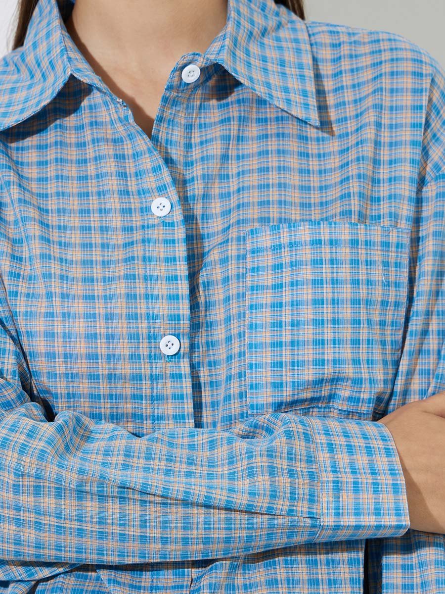Blue Plaid Pattern Long Sleeve Oversized Shirt