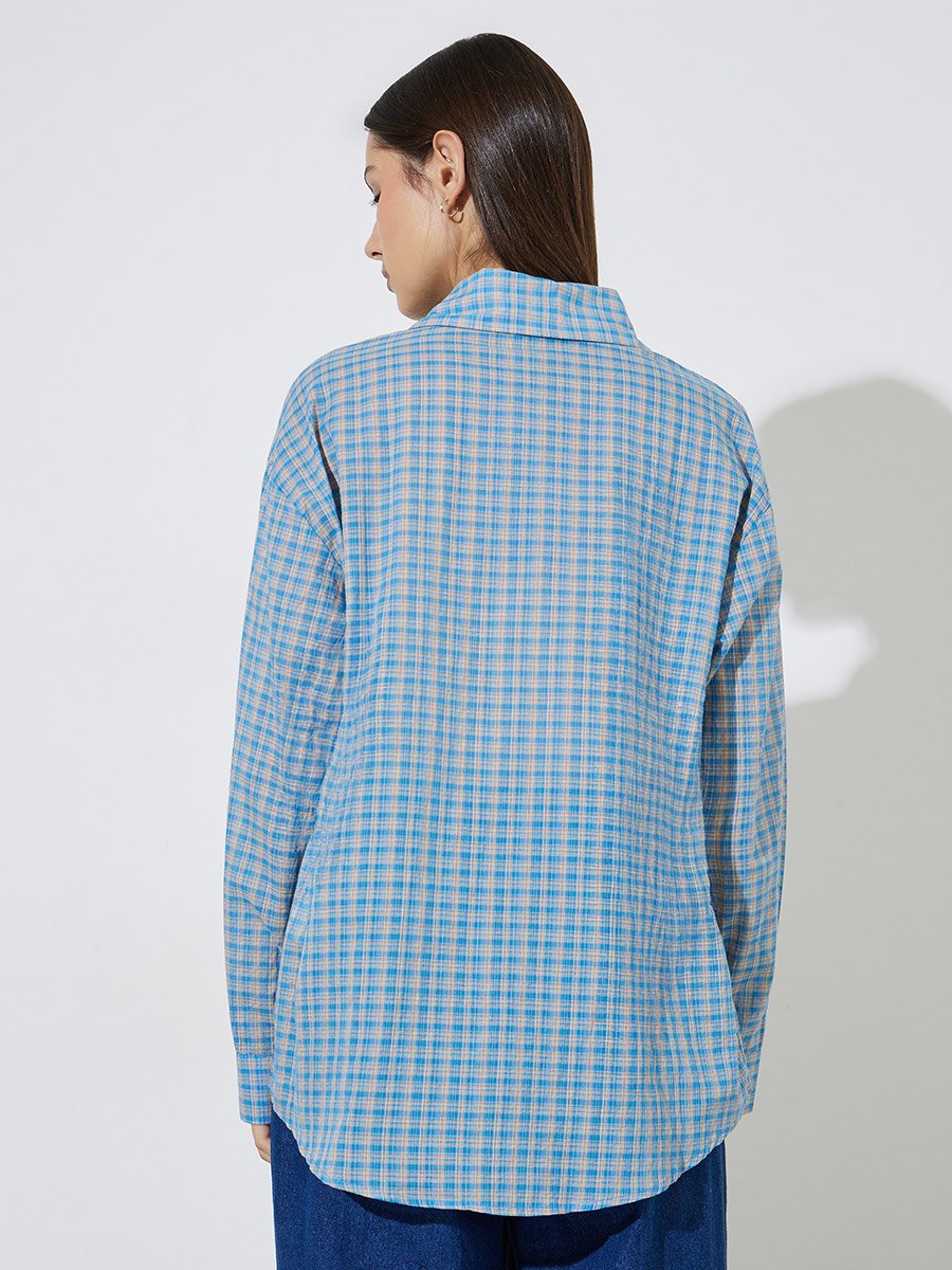 Blue Plaid Pattern Long Sleeve Oversized Shirt