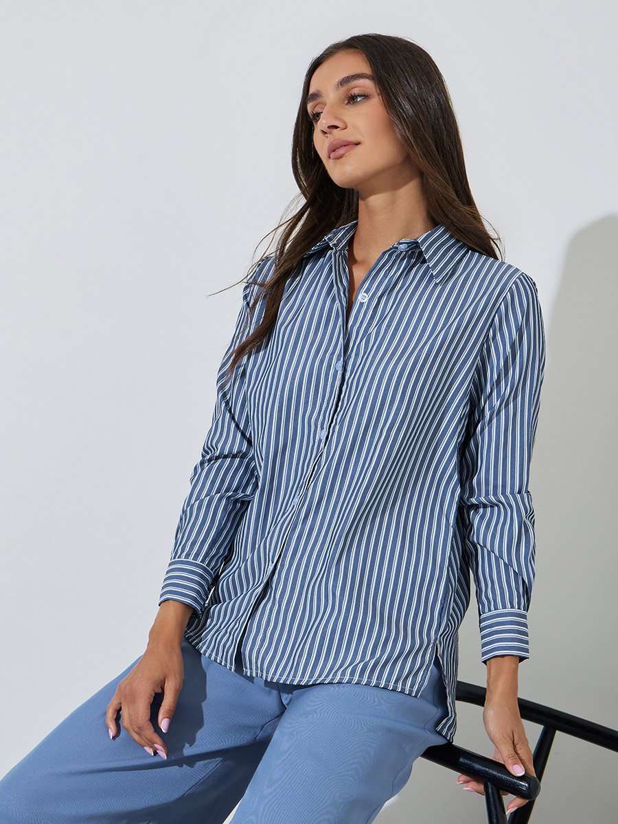navy Blue Striped Side Slit Long Sleeves Shirt