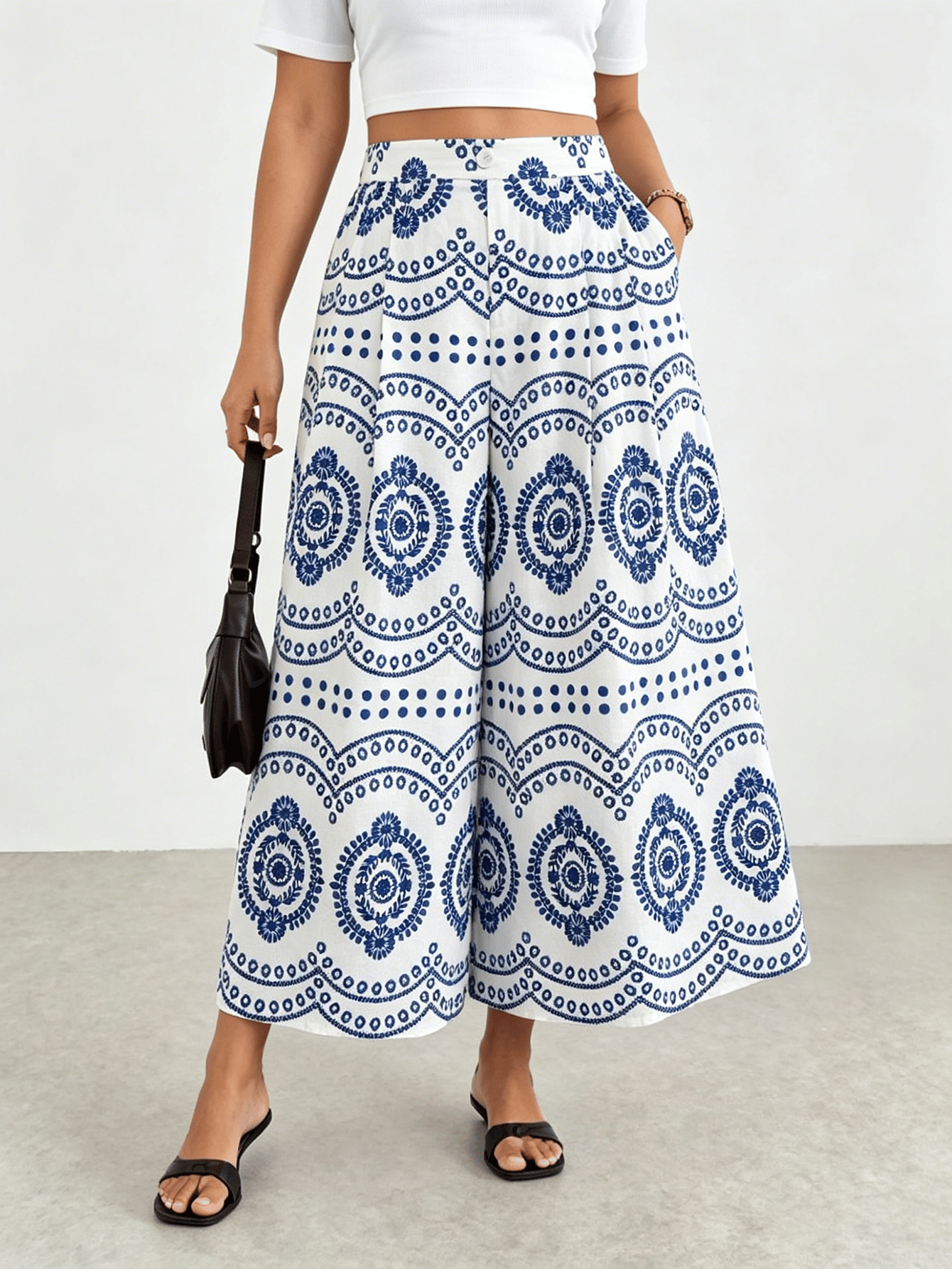 White Ethnic Floral Print Wide Leg Culotte Pants