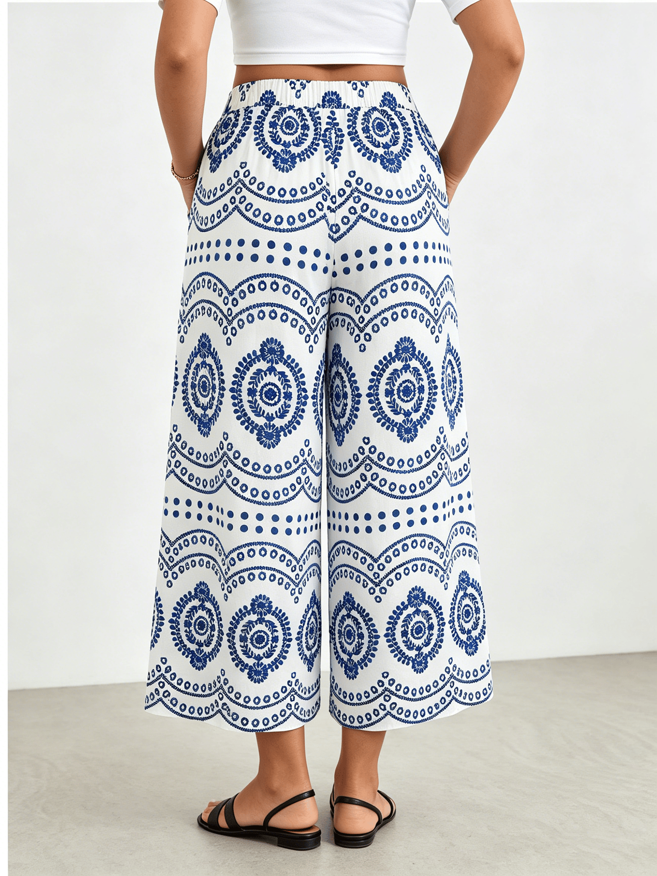 White Ethnic Floral Print Wide Leg Culotte Pants