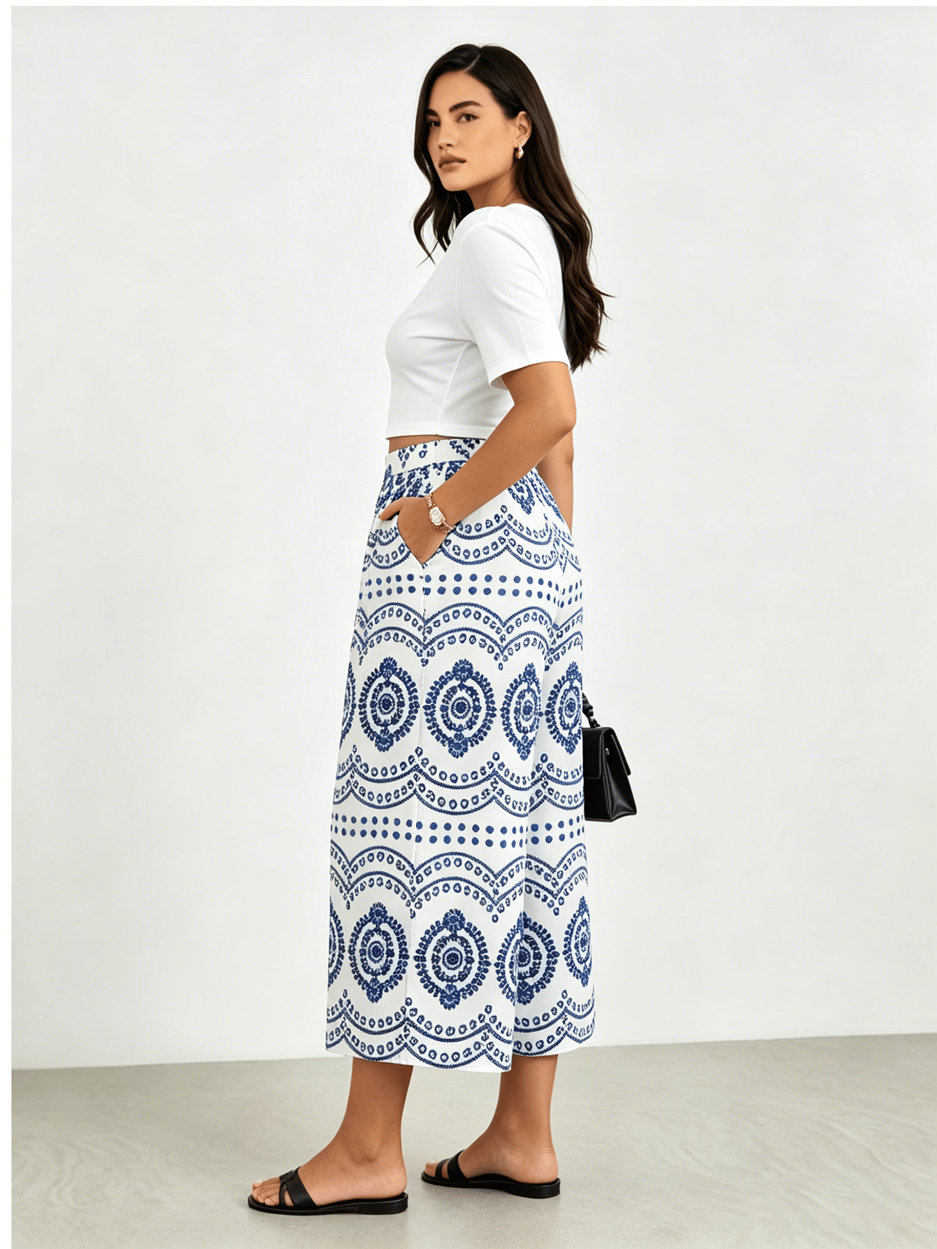 White Ethnic Floral Print Wide Leg Culotte Pants