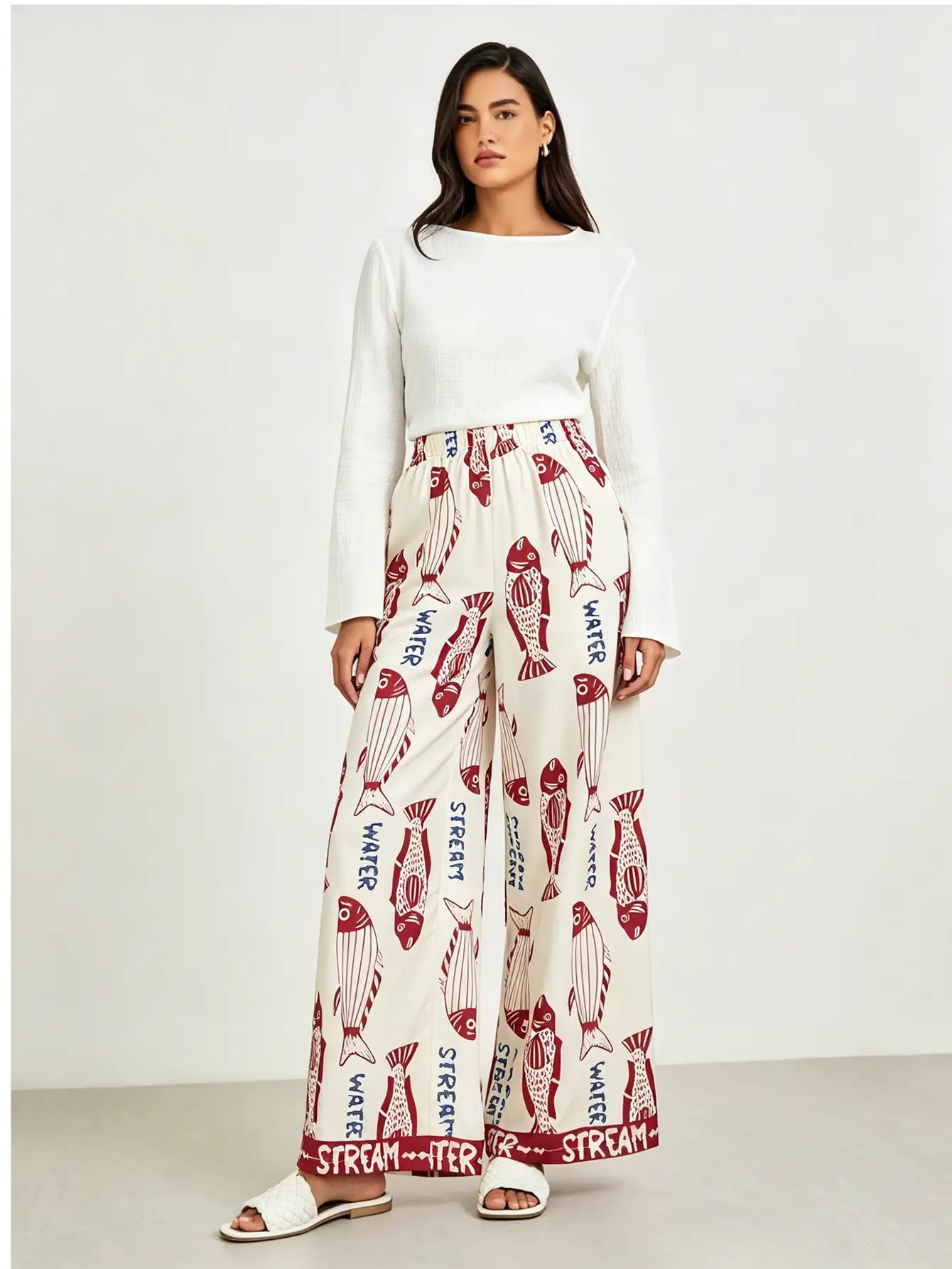 Cream Fish Letter Print Wide Leg Pants