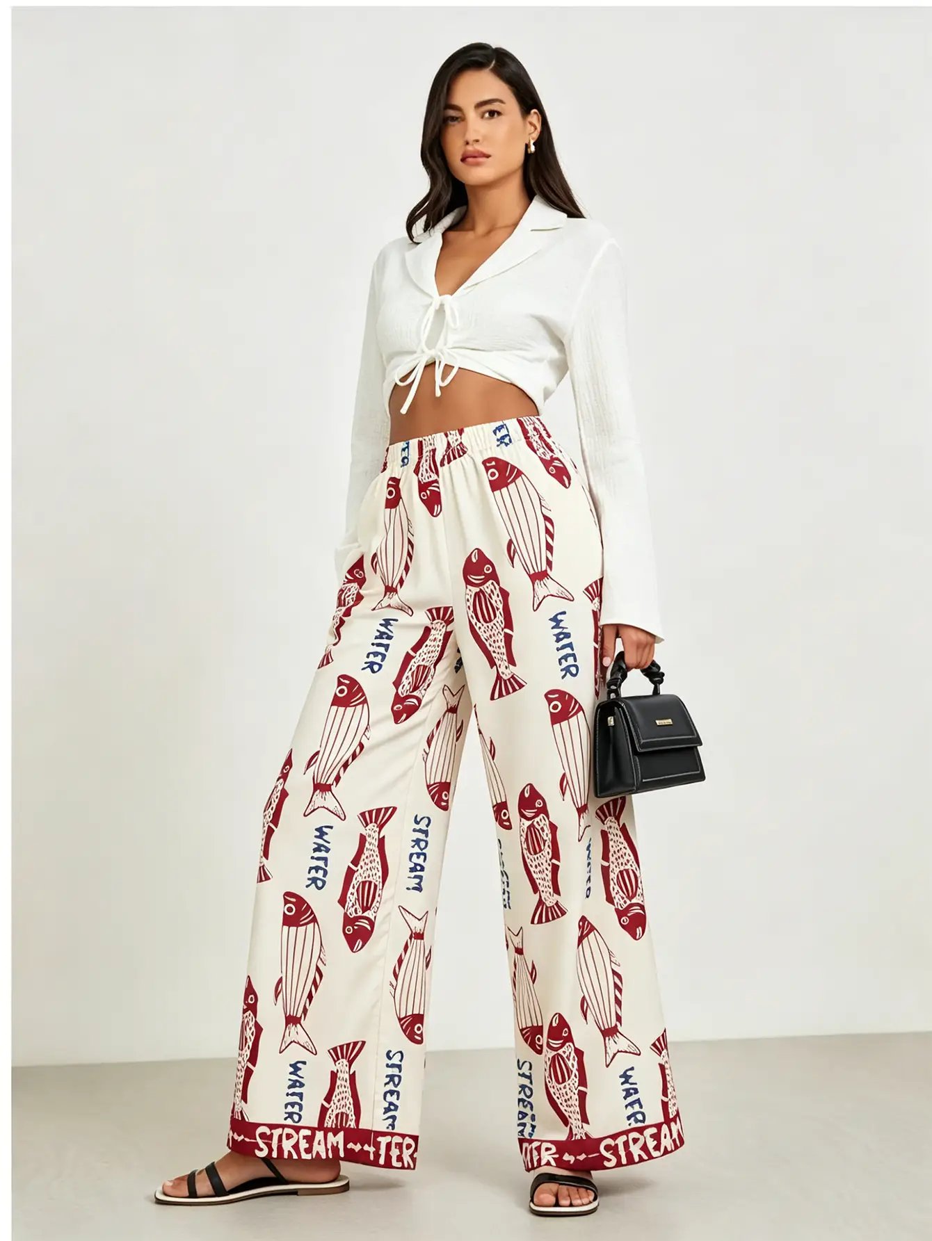 Cream Fish Letter Print Wide Leg Pants