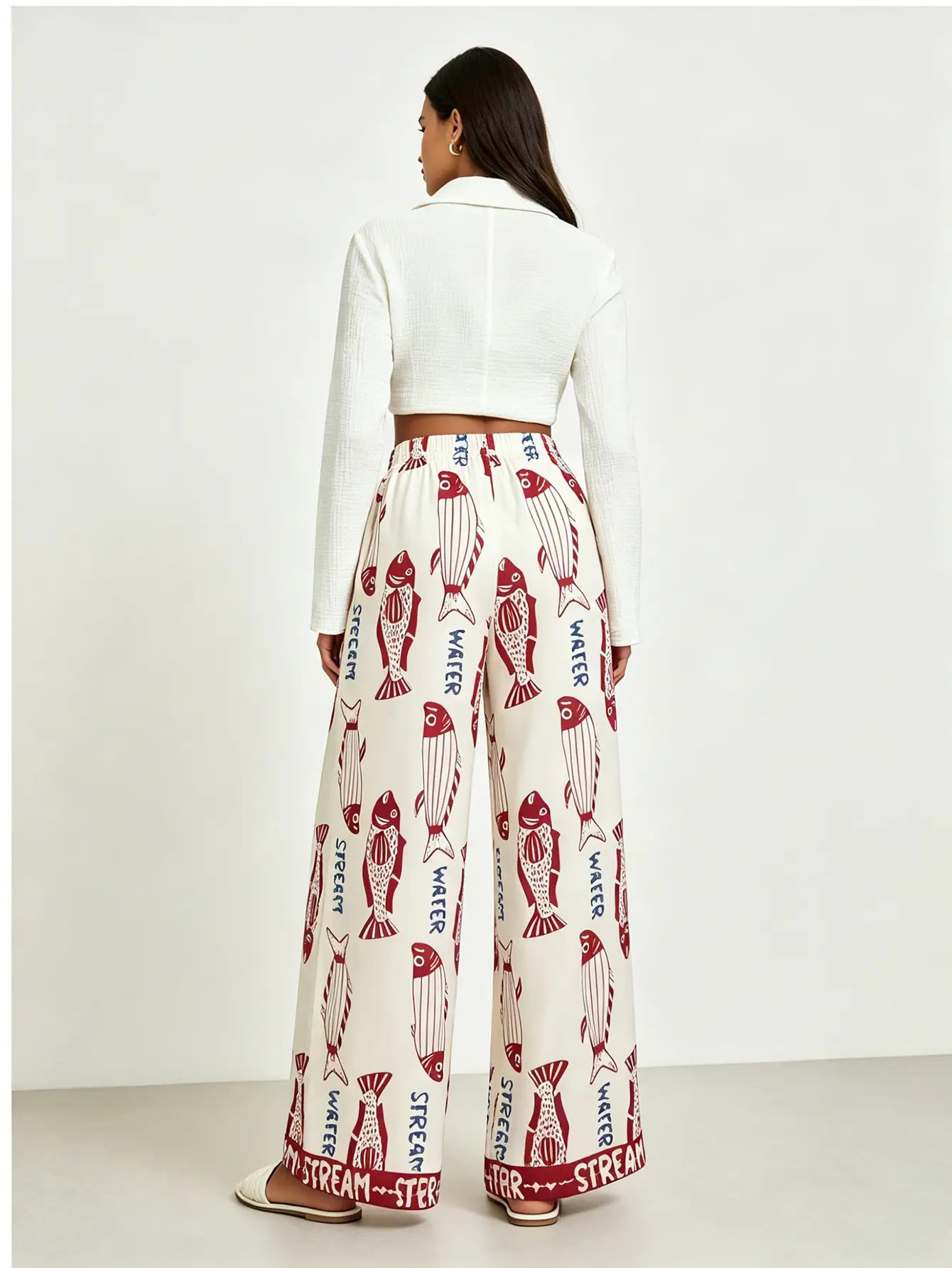 Cream Fish Letter Print Wide Leg Pants