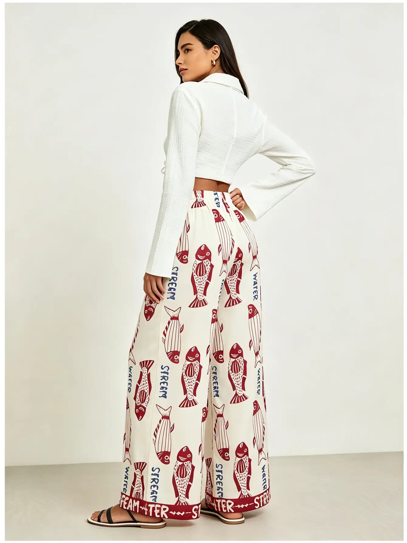 Cream Fish Letter Print Wide Leg Pants