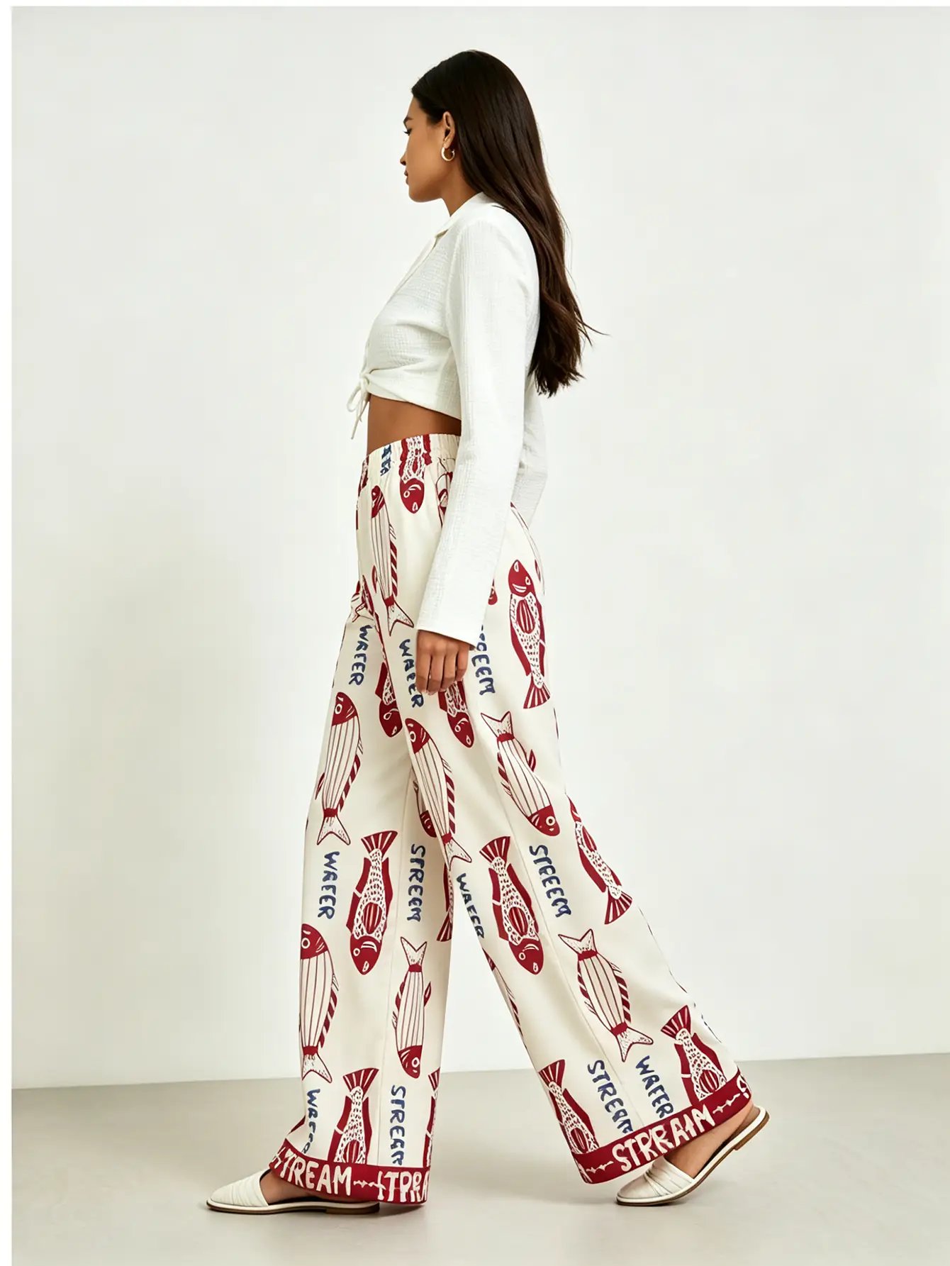 Cream Fish Letter Print Wide Leg Pants
