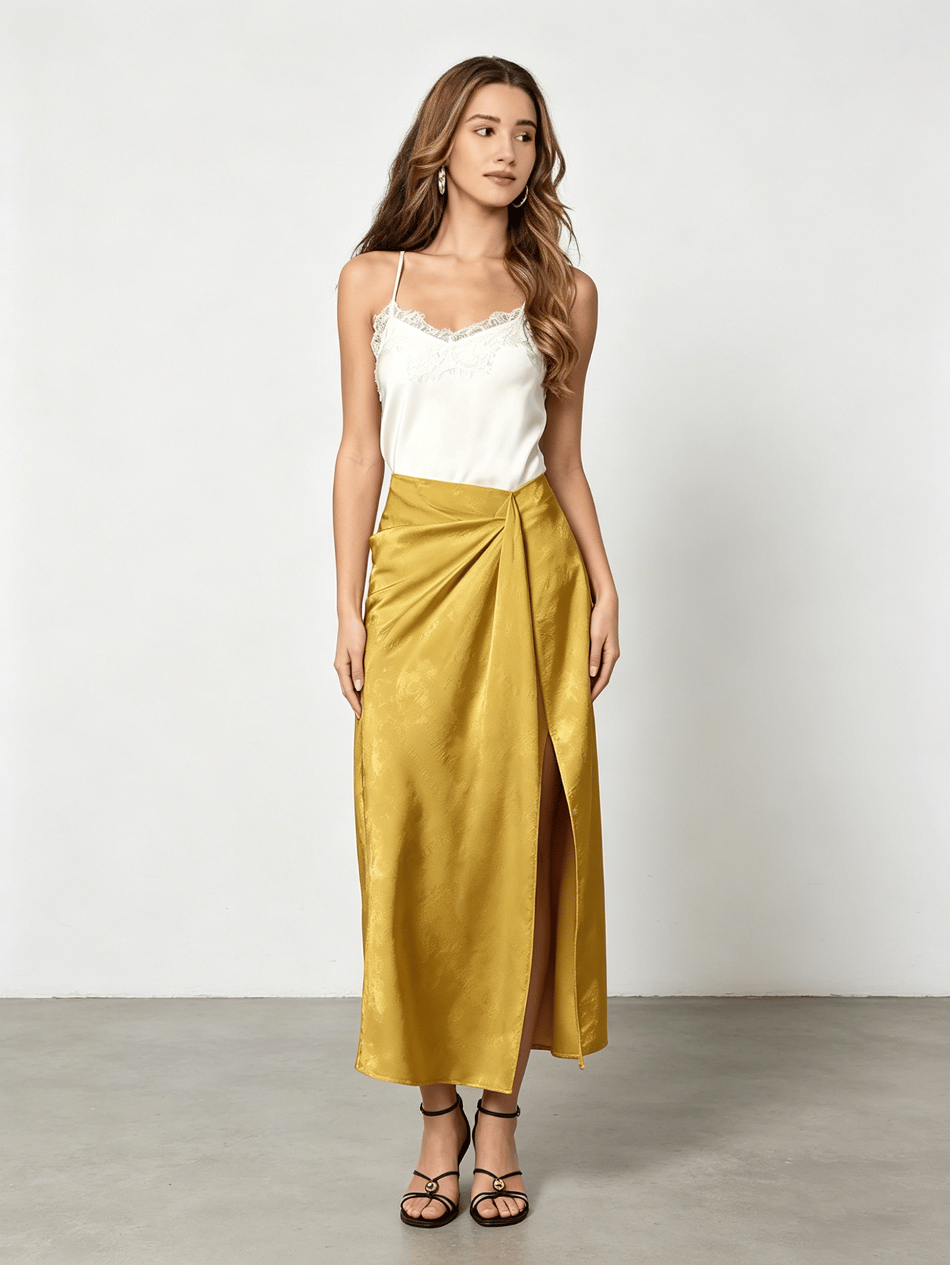 Yellow Twist Wrap High Slit Jacquard Maxi Skirt