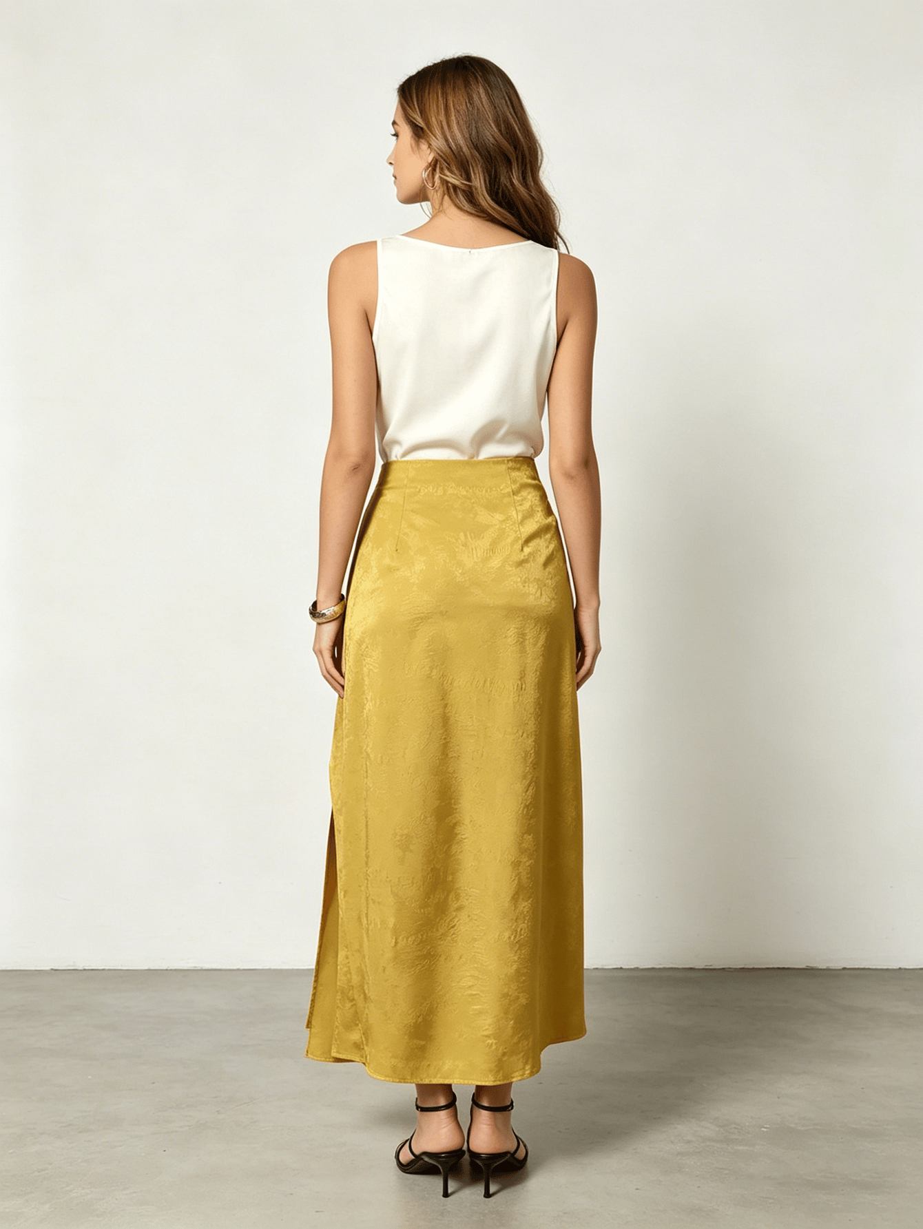Yellow Twist Wrap High Slit Jacquard Maxi Skirt