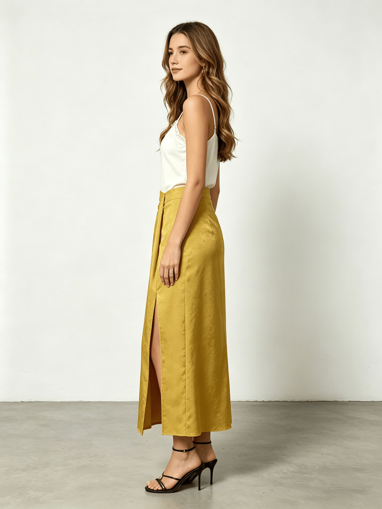 Yellow Twist Wrap High Slit Jacquard Maxi Skirt