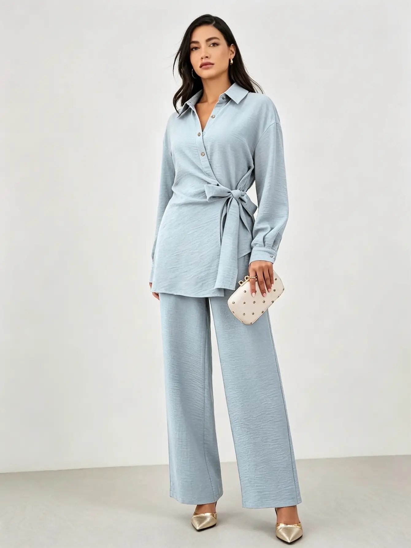 Elegant Blue Wrap Blouse and Wide-Leg Trousers Co-ord Set