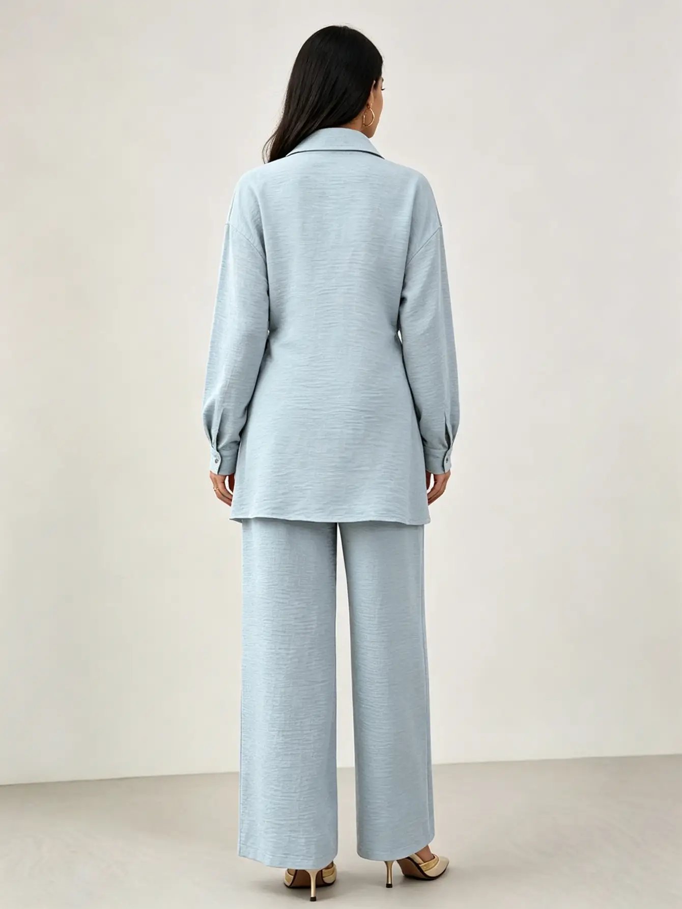 Elegant Blue Wrap Blouse and Wide-Leg Trousers Co-ord Set