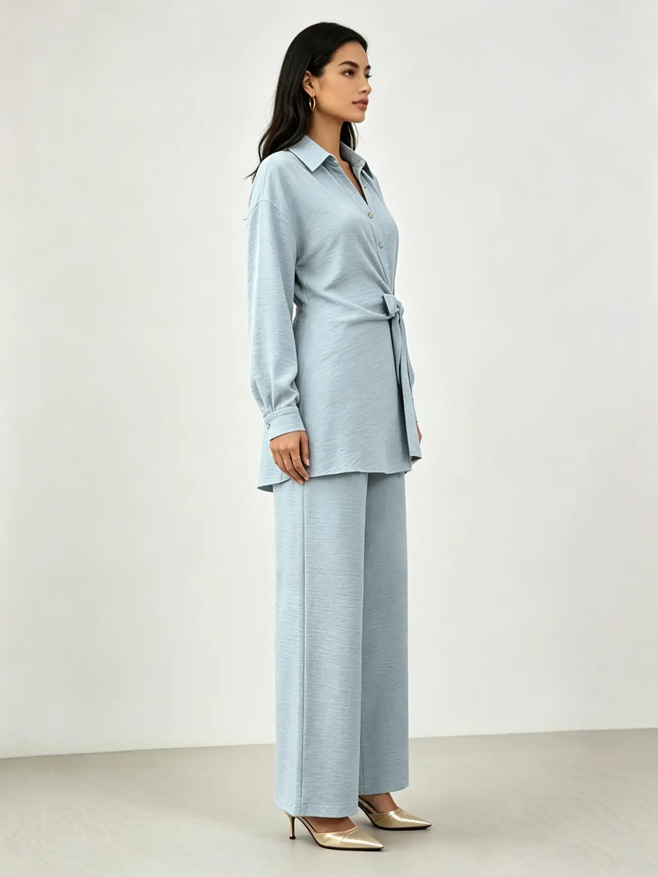 Elegant Blue Wrap Blouse and Wide-Leg Trousers Co-ord Set