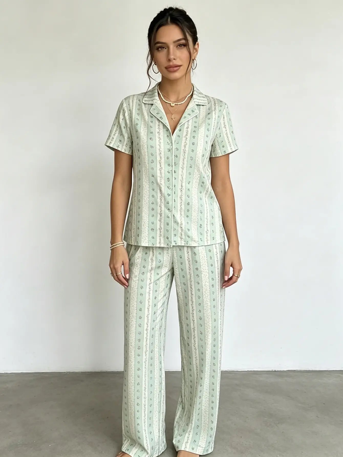 Mint Green Striped Pajama Set: Short Sleeve Shirt and Trousers