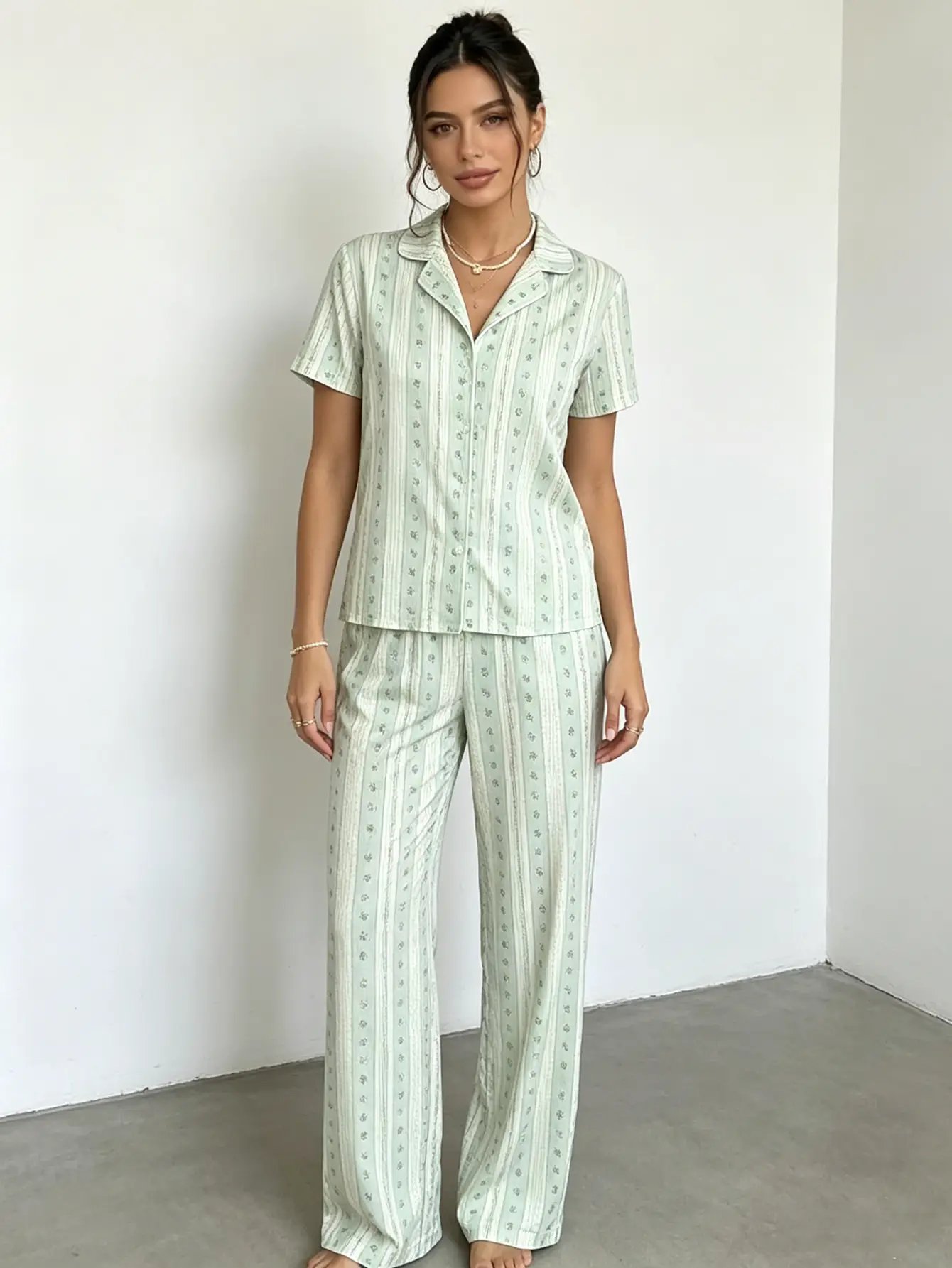 Mint Green Striped Pajama Set: Short Sleeve Shirt and Trousers