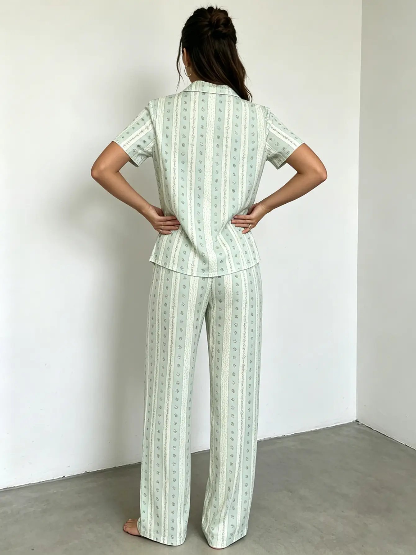 Mint Green Striped Pajama Set: Short Sleeve Shirt and Trousers