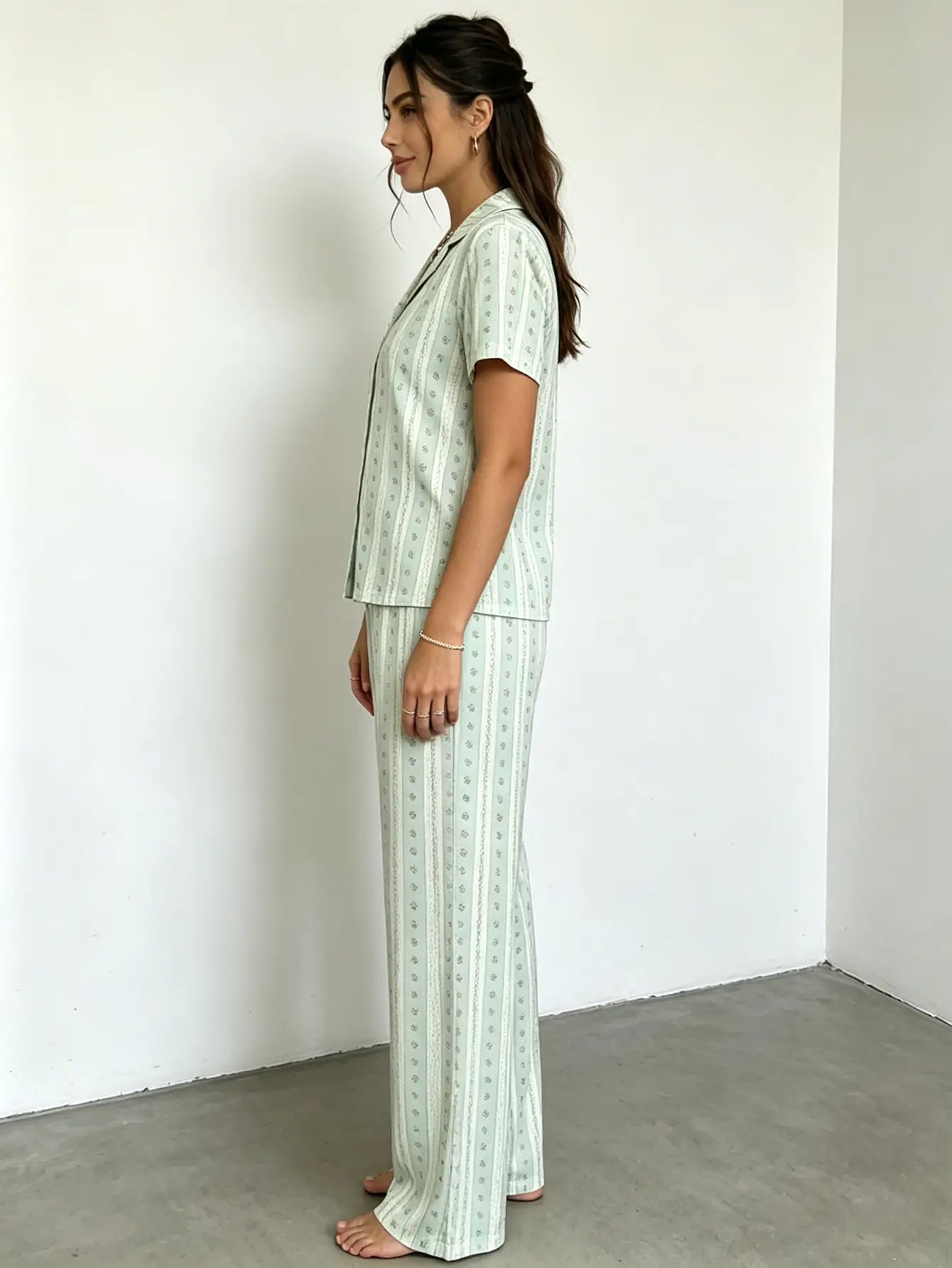 Mint Green Striped Pajama Set: Short Sleeve Shirt and Trousers