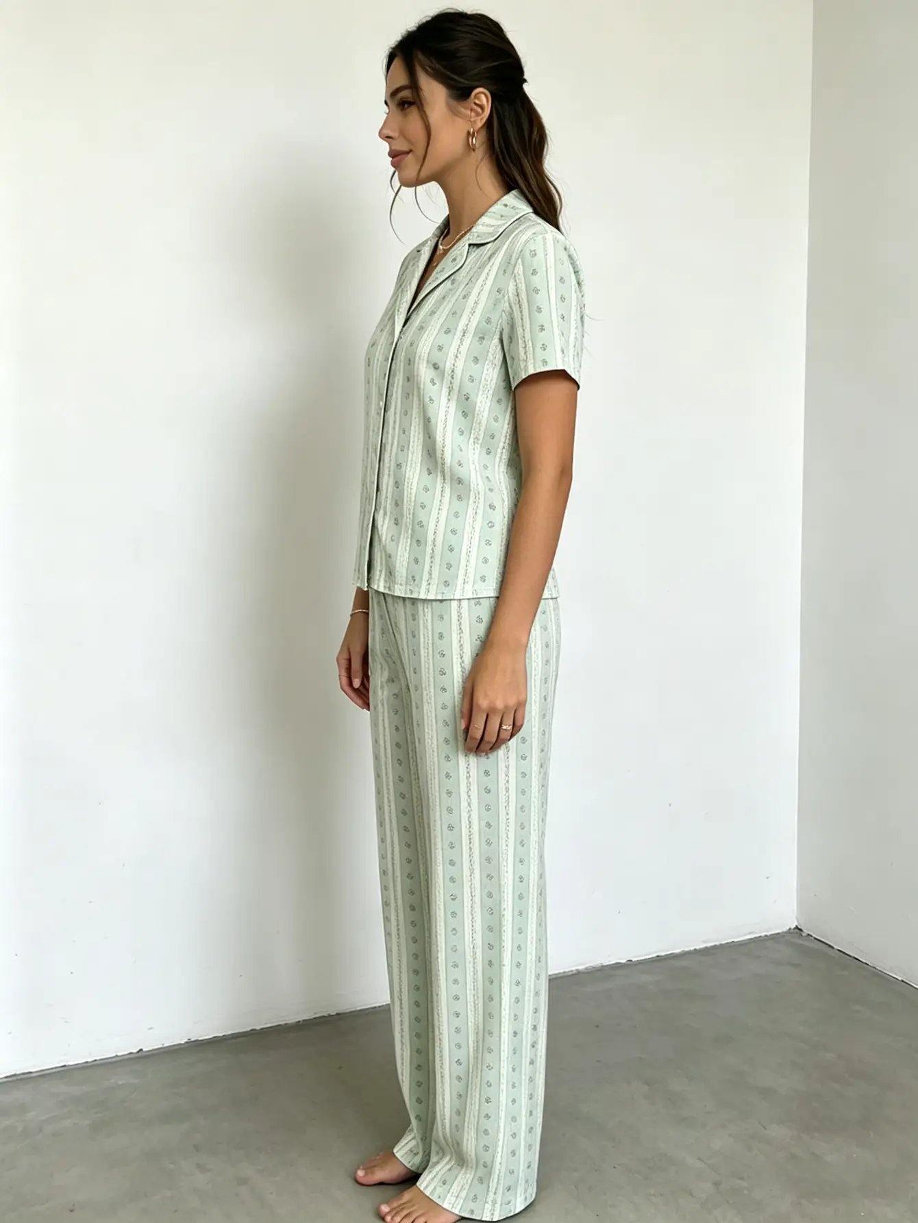 Mint Green Striped Pajama Set: Short Sleeve Shirt and Trousers