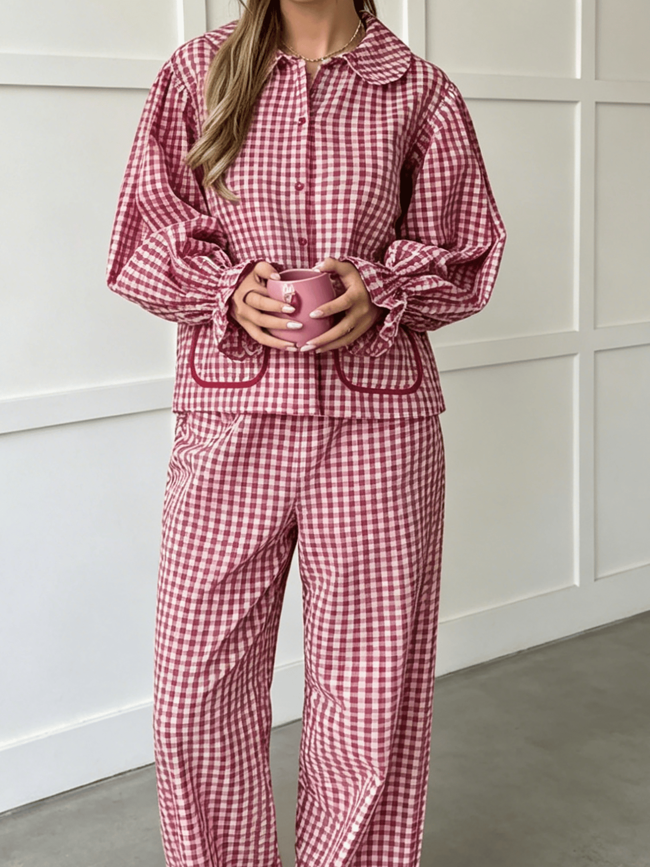Red Gingham Checked Polyester Pyjama Set for Women