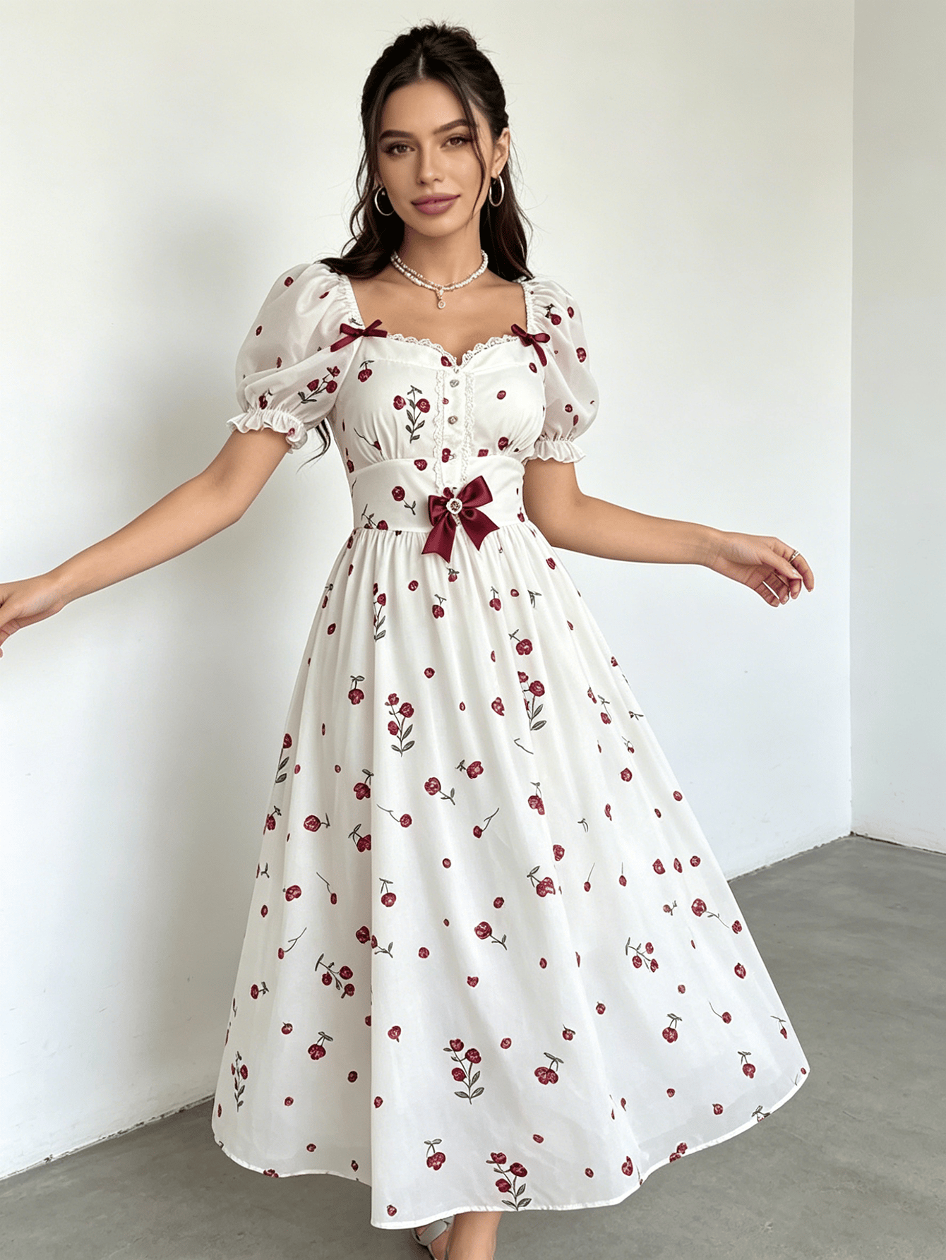 White Floral Sweetheart Neck A-Line Maxi Dress