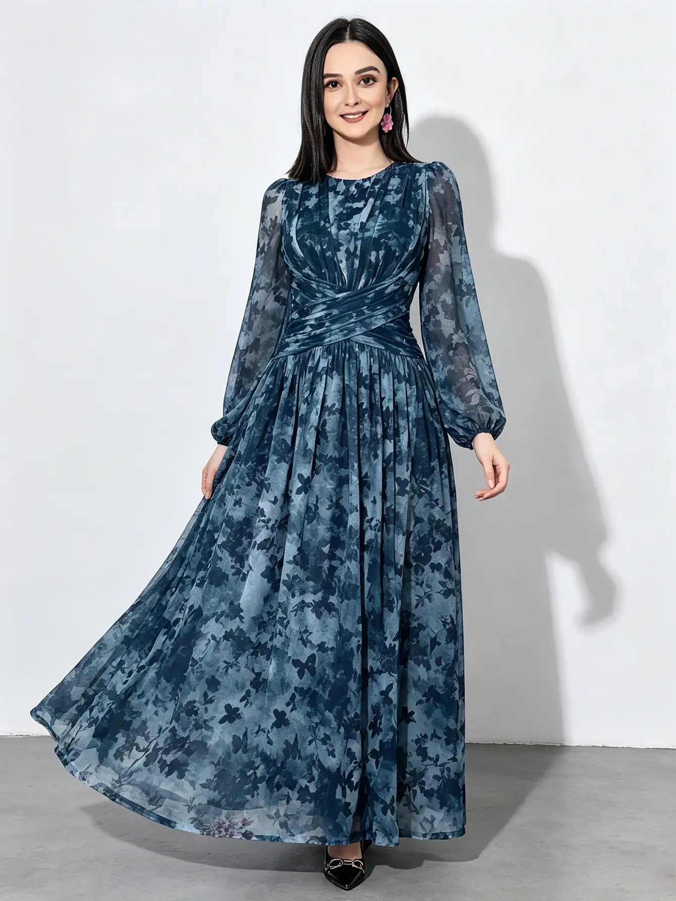 Dark Blue Floral A-Line Maxi Dress