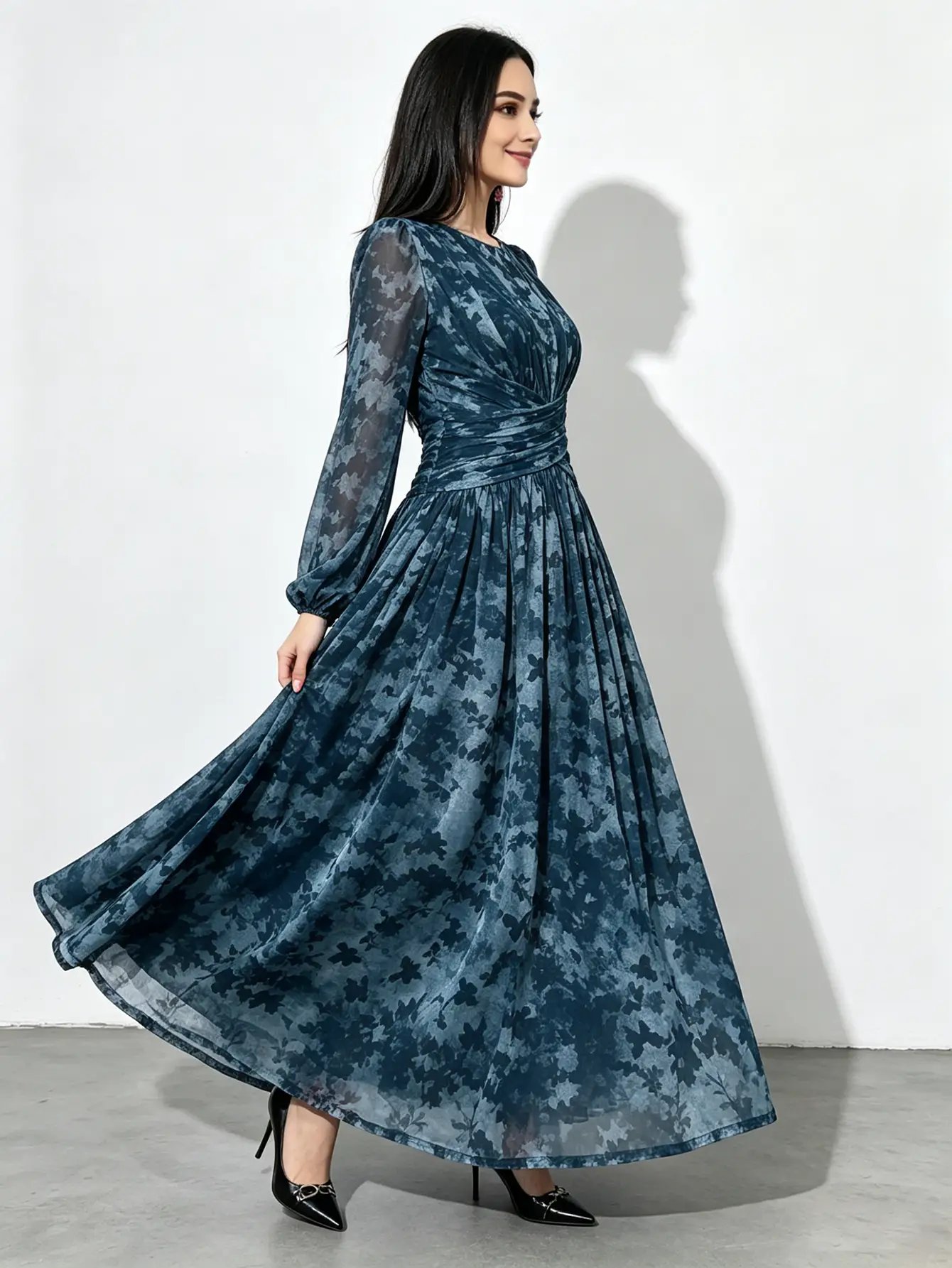 Dark Blue Floral A-Line Maxi Dress