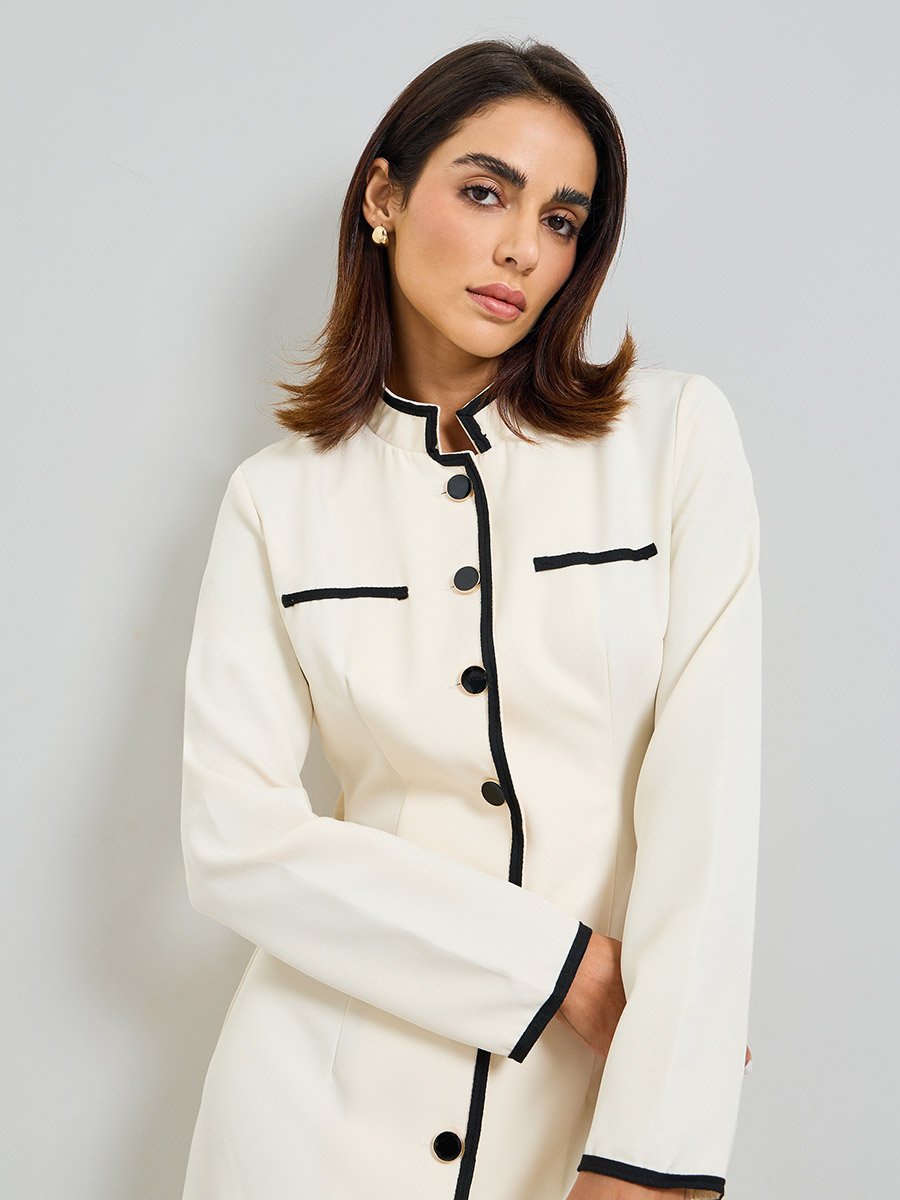 Beige Plain Midi Blazer Dress with Long Sleeves