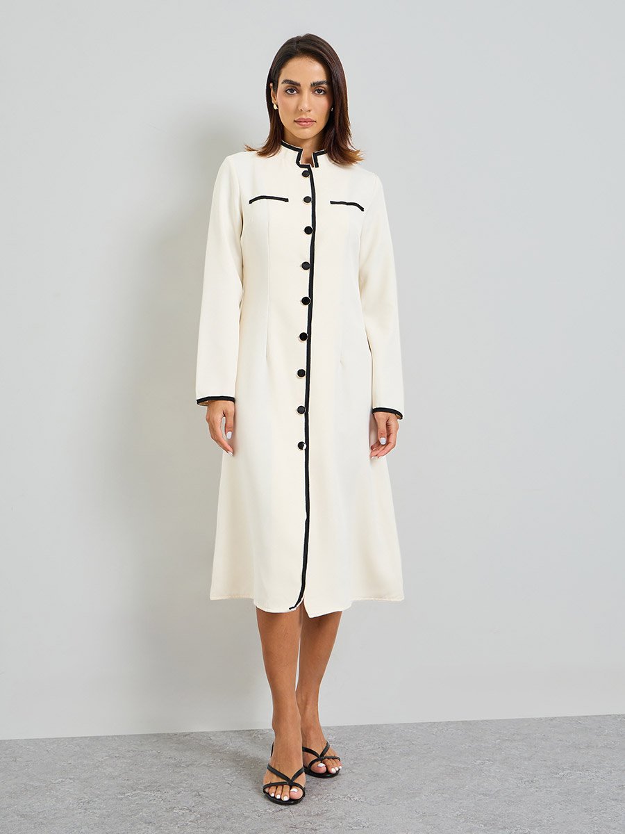 Beige Plain Midi Blazer Dress with Long Sleeves