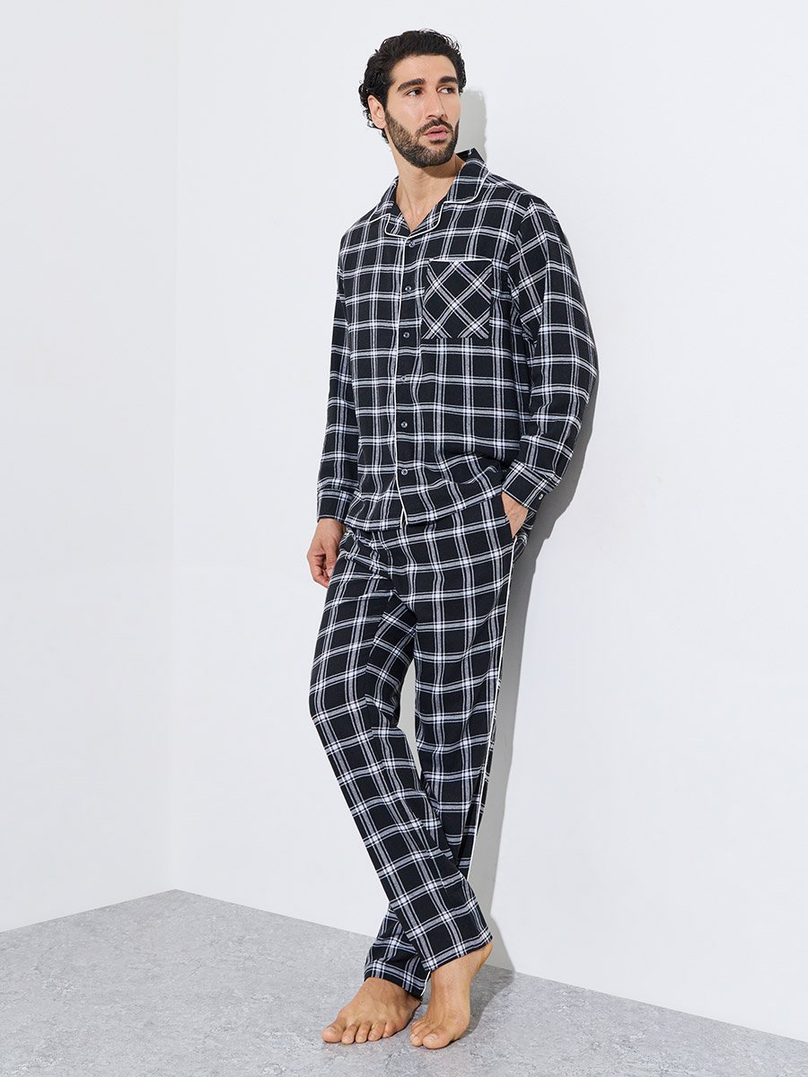 Men Black Checked Piped Shirt and Pyjama Set