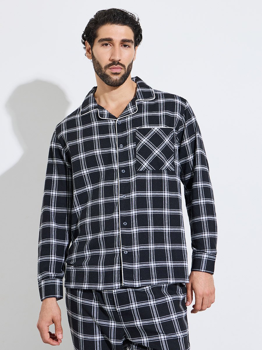 Men Black Checked Piped Shirt and Pyjama Set