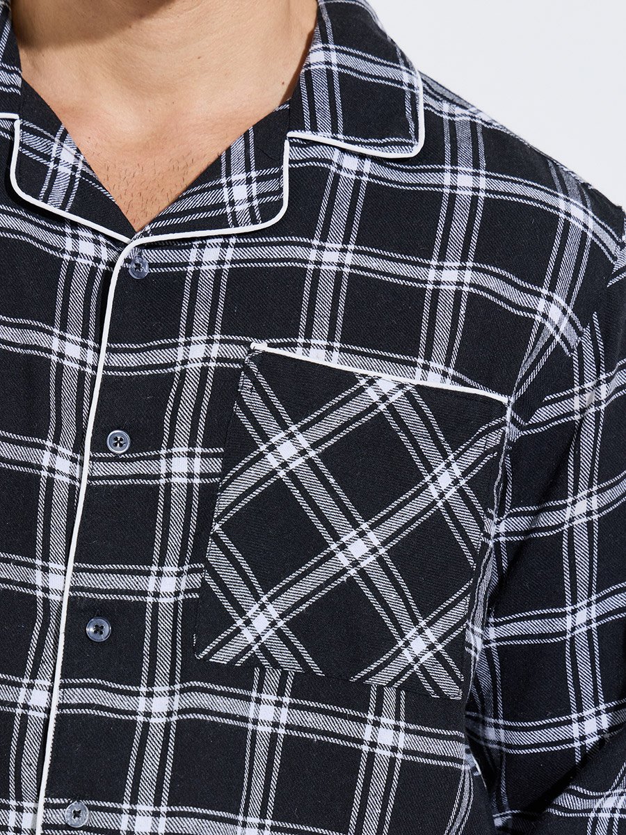 Men Black Checked Piped Shirt and Pyjama Set