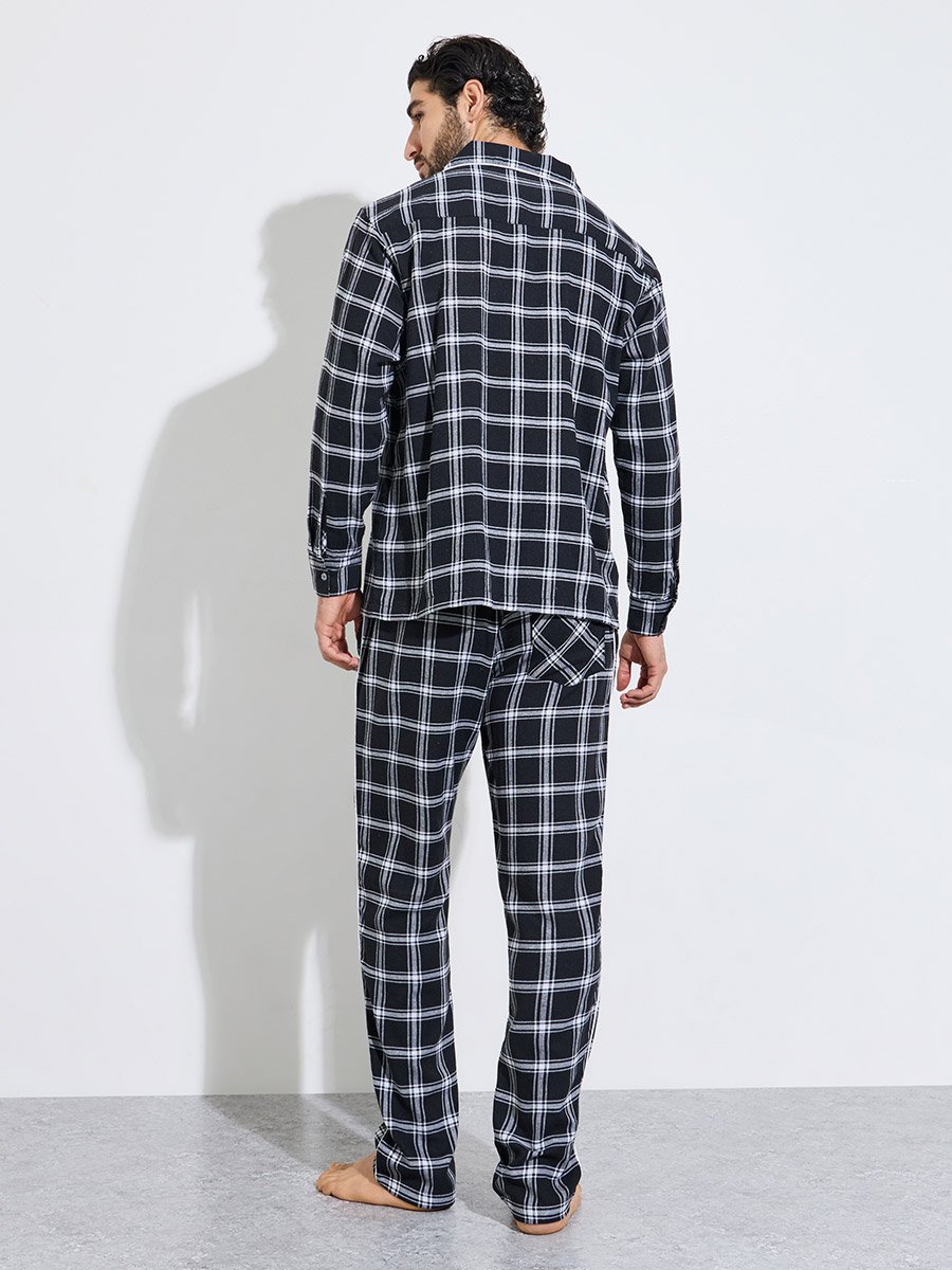 Men Black Checked Piped Shirt and Pyjama Set