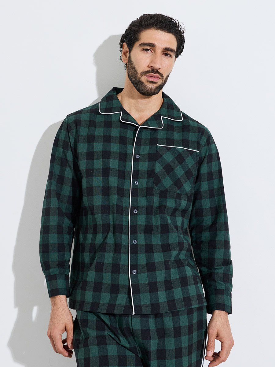 Men Green Checked Piped Shirt and Pyjama Set