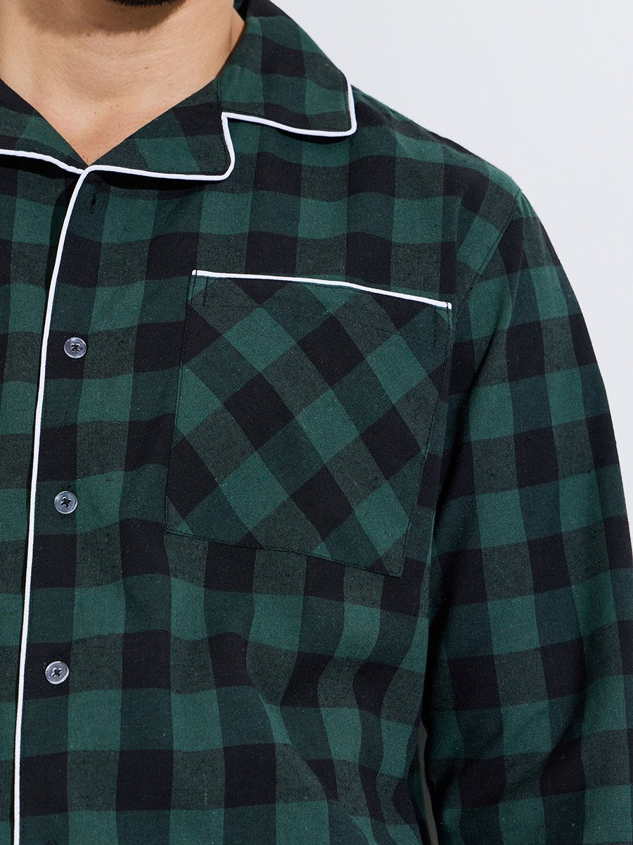 Men Green Checked Piped Shirt and Pyjama Set