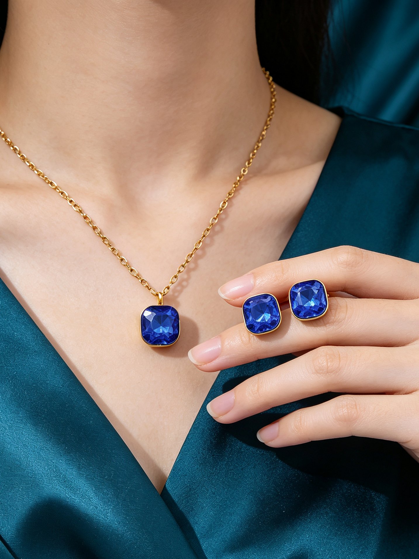 Gold Plated Stainless Steel Blue Crystal Necklace and Earrings Set