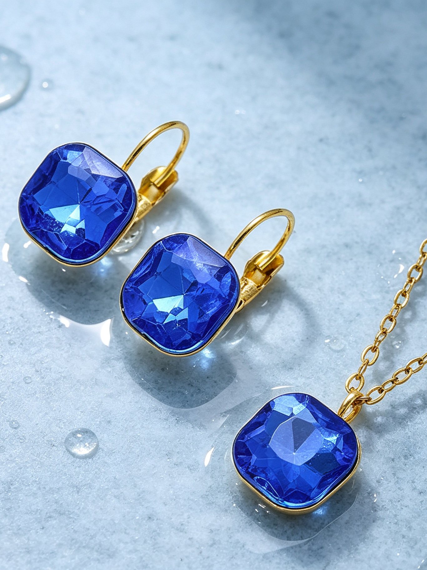 Gold Plated Stainless Steel Blue Crystal Necklace and Earrings Set