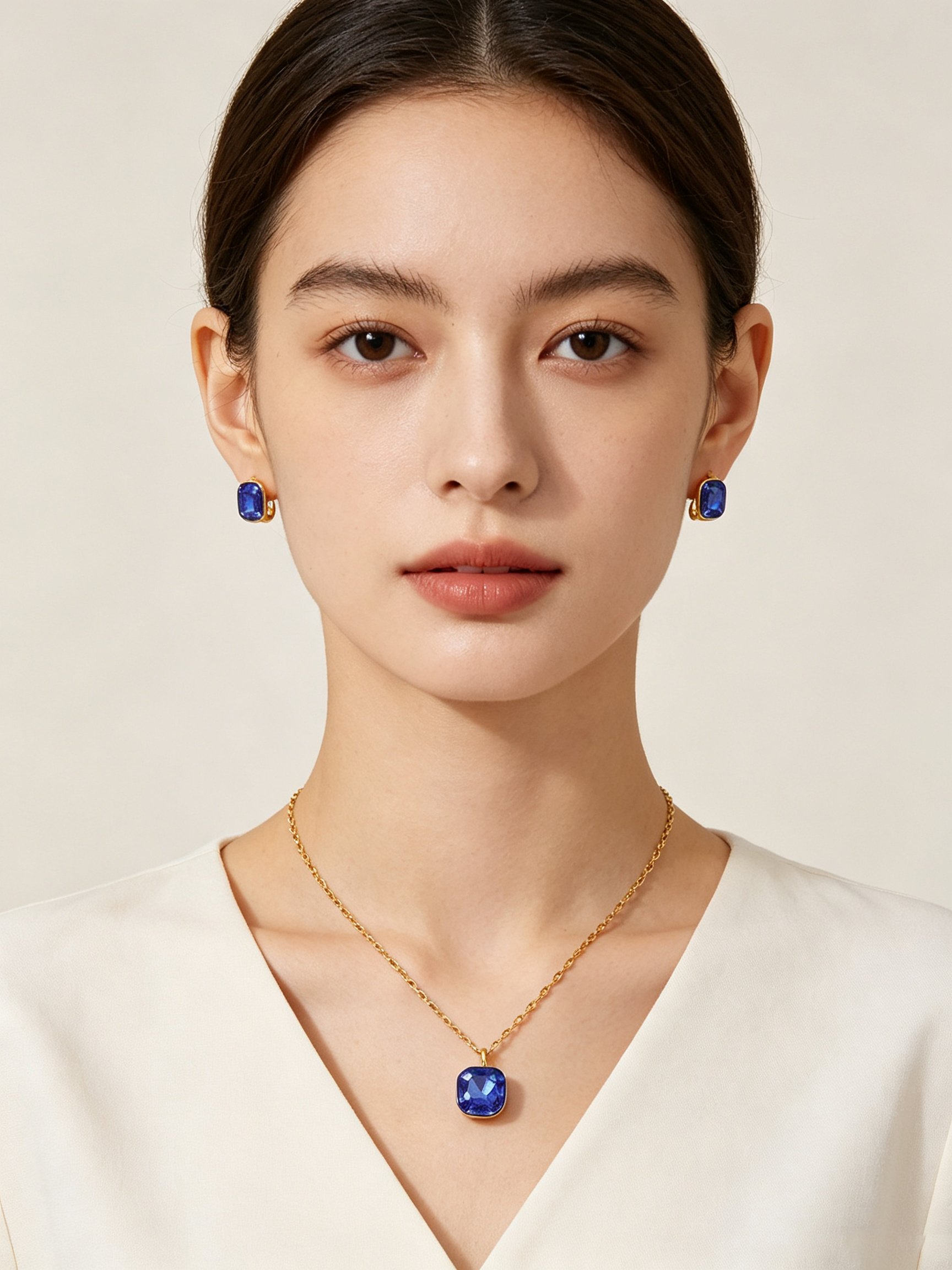 Gold Plated Stainless Steel Blue Crystal Necklace and Earrings Set
