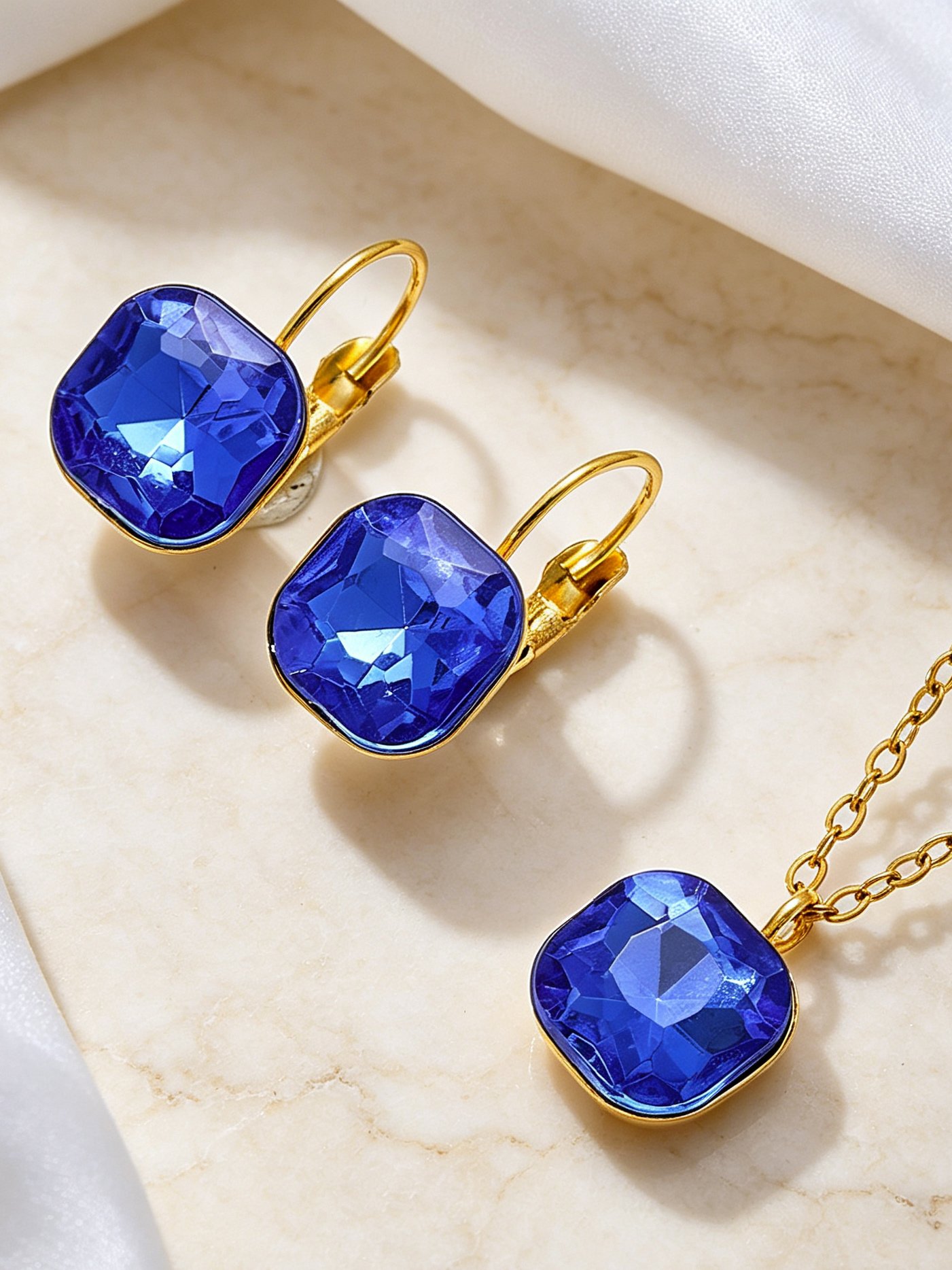 Gold Plated Stainless Steel Blue Crystal Necklace and Earrings Set
