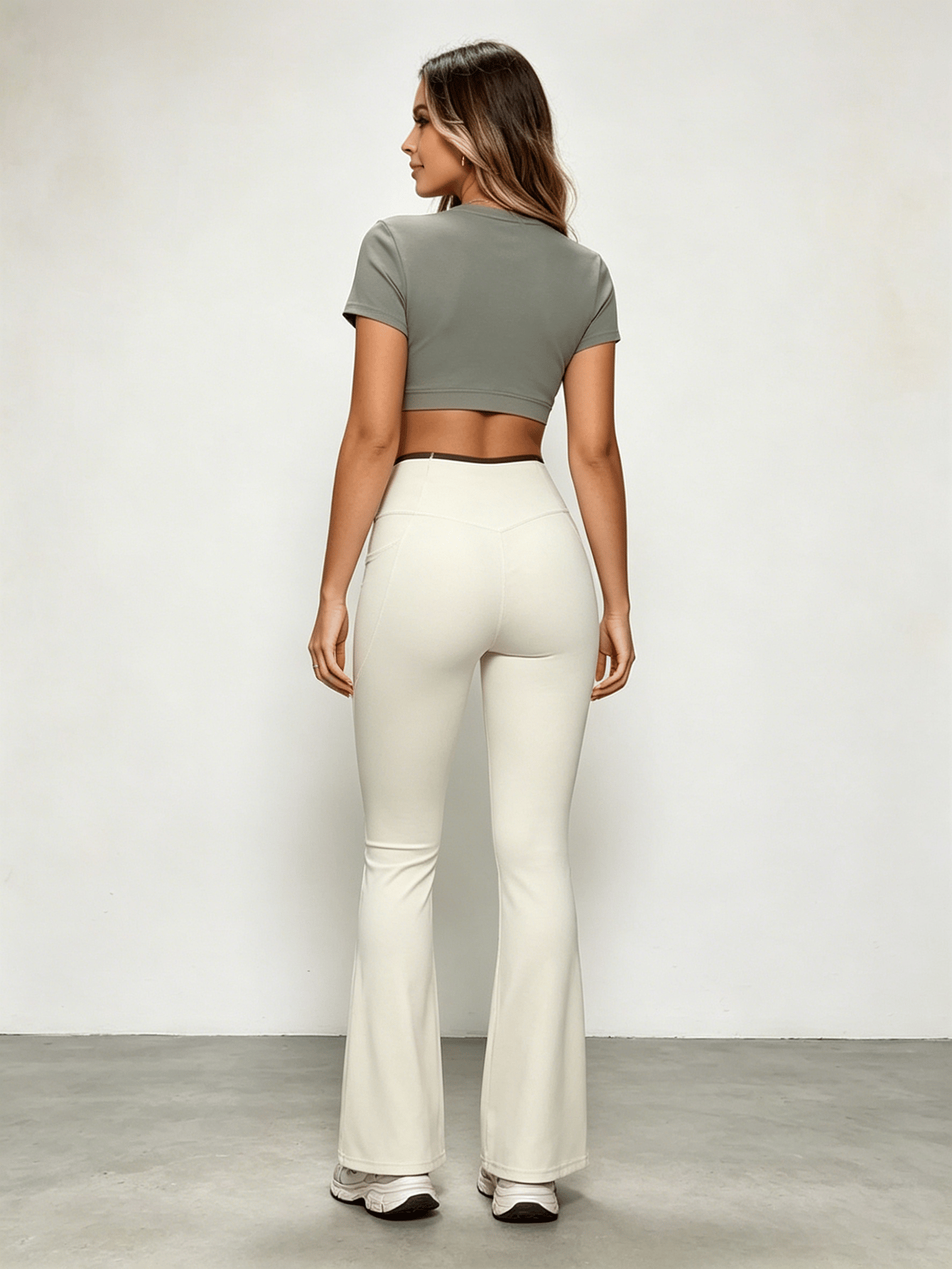 Off White High Rise Flare Leg Yoga Pants with Pockets