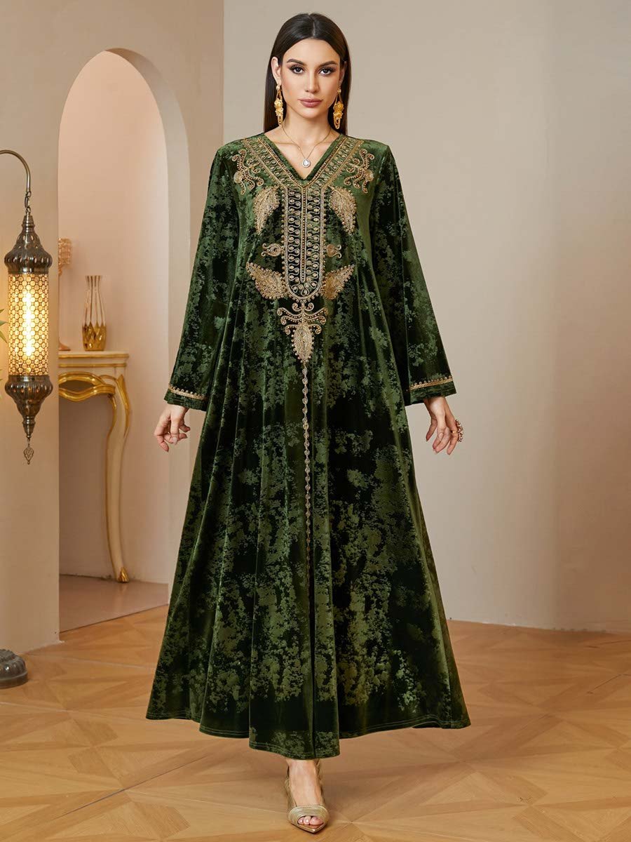 Green Velvet Embroidered Jalabiya Dress