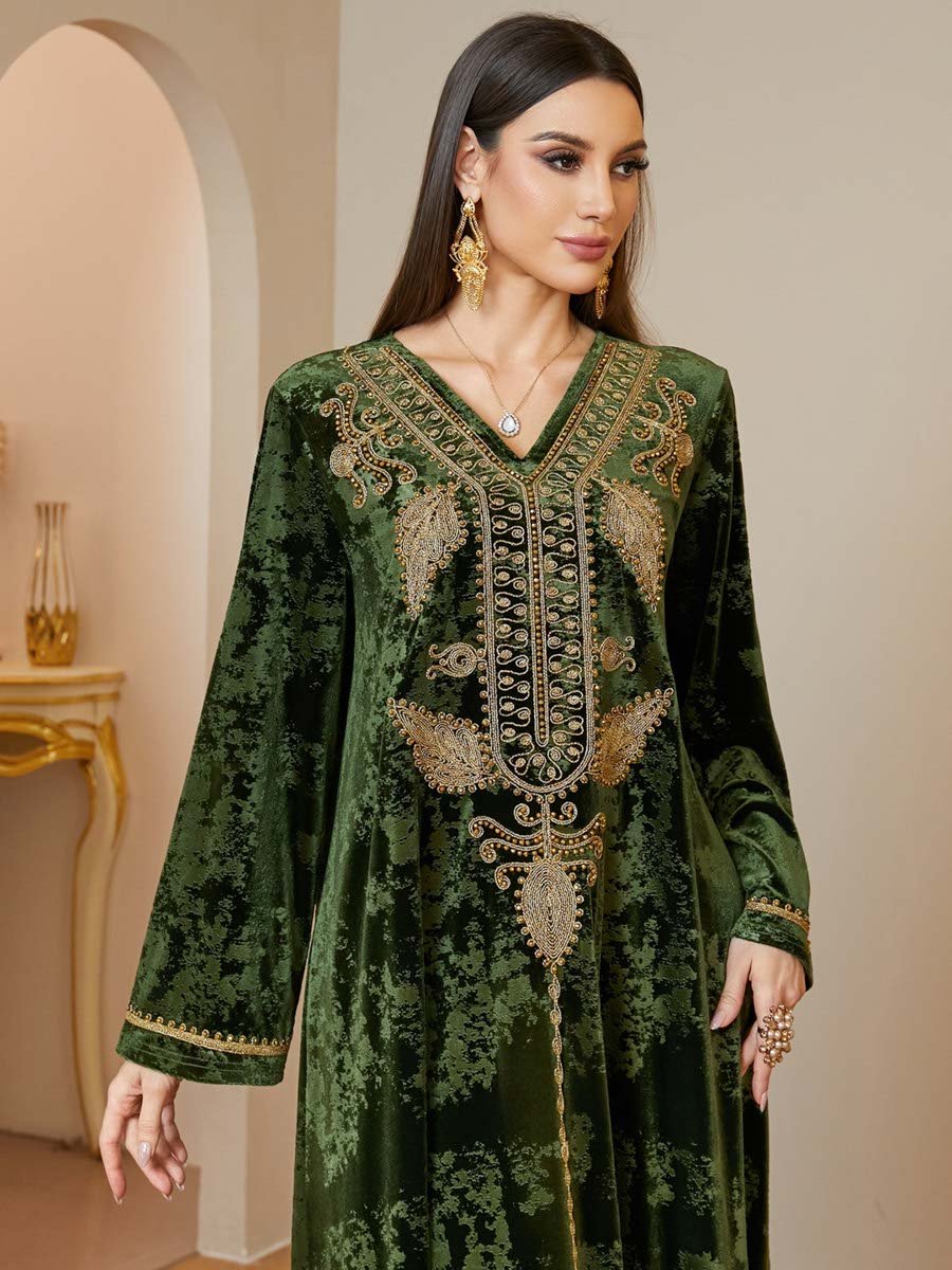 Green Velvet Embroidered Jalabiya Dress