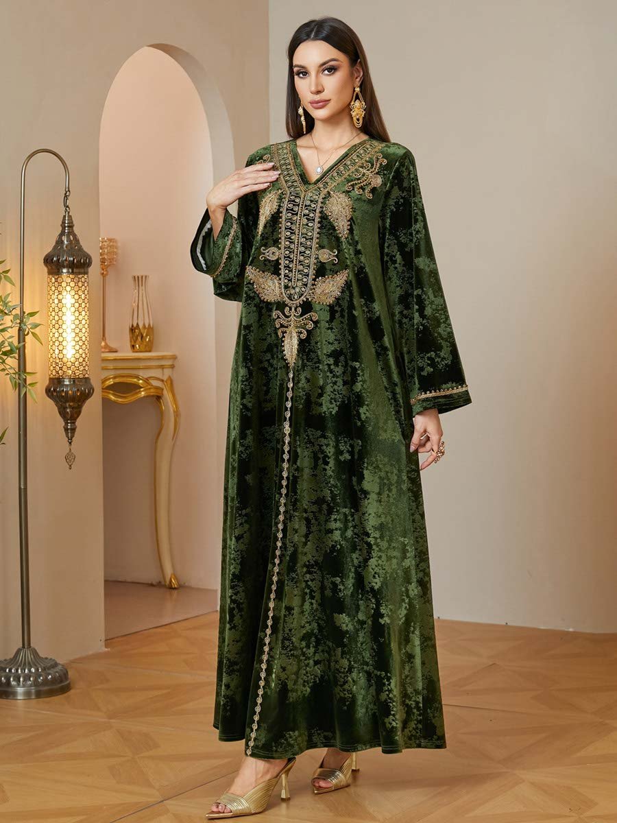 Green Velvet Embroidered Jalabiya Dress