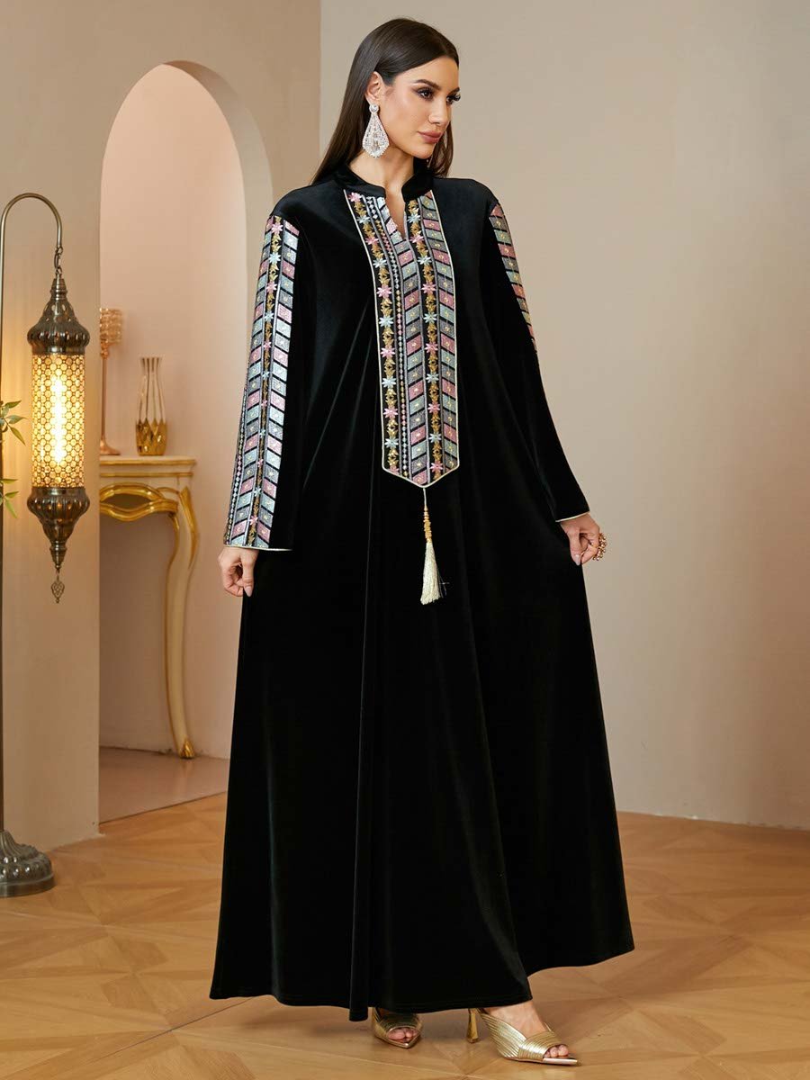 Black Maxi Jalabiya with Geometric Embroidery