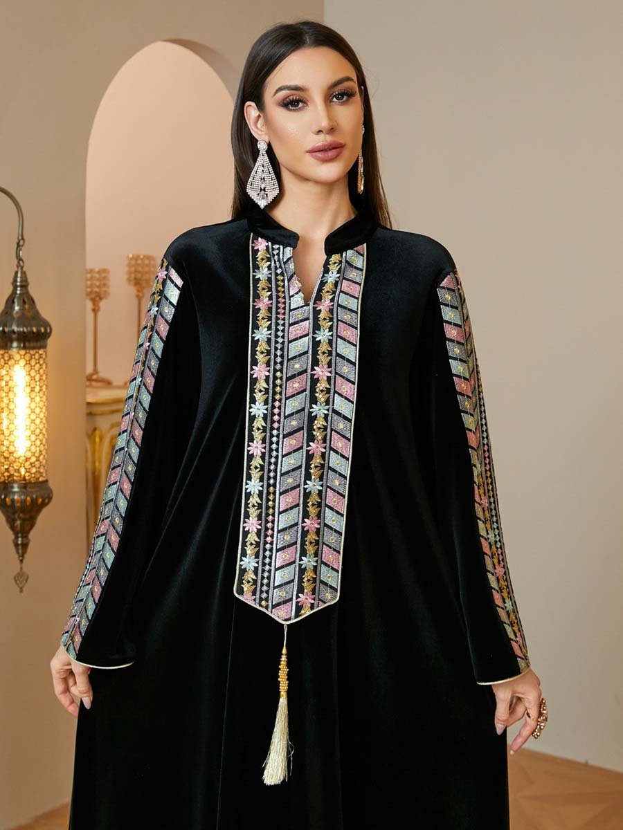 Black Maxi Jalabiya with Geometric Embroidery