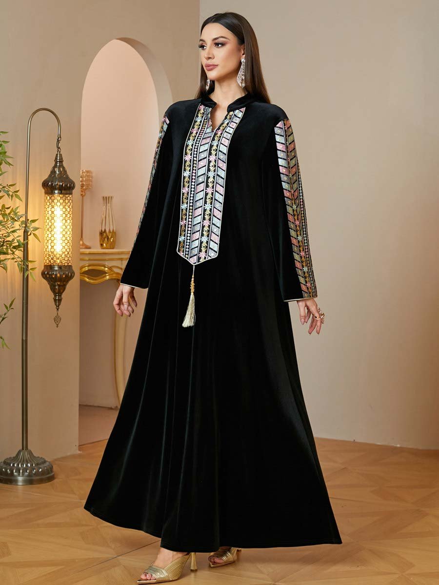 Black Maxi Jalabiya with Geometric Embroidery